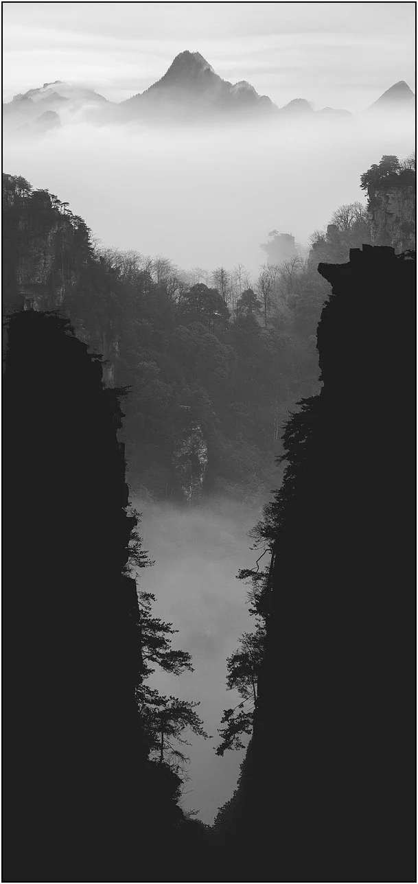Sandstone mountains emerging through drifting mist and clouds in Zhangjiajie, China.