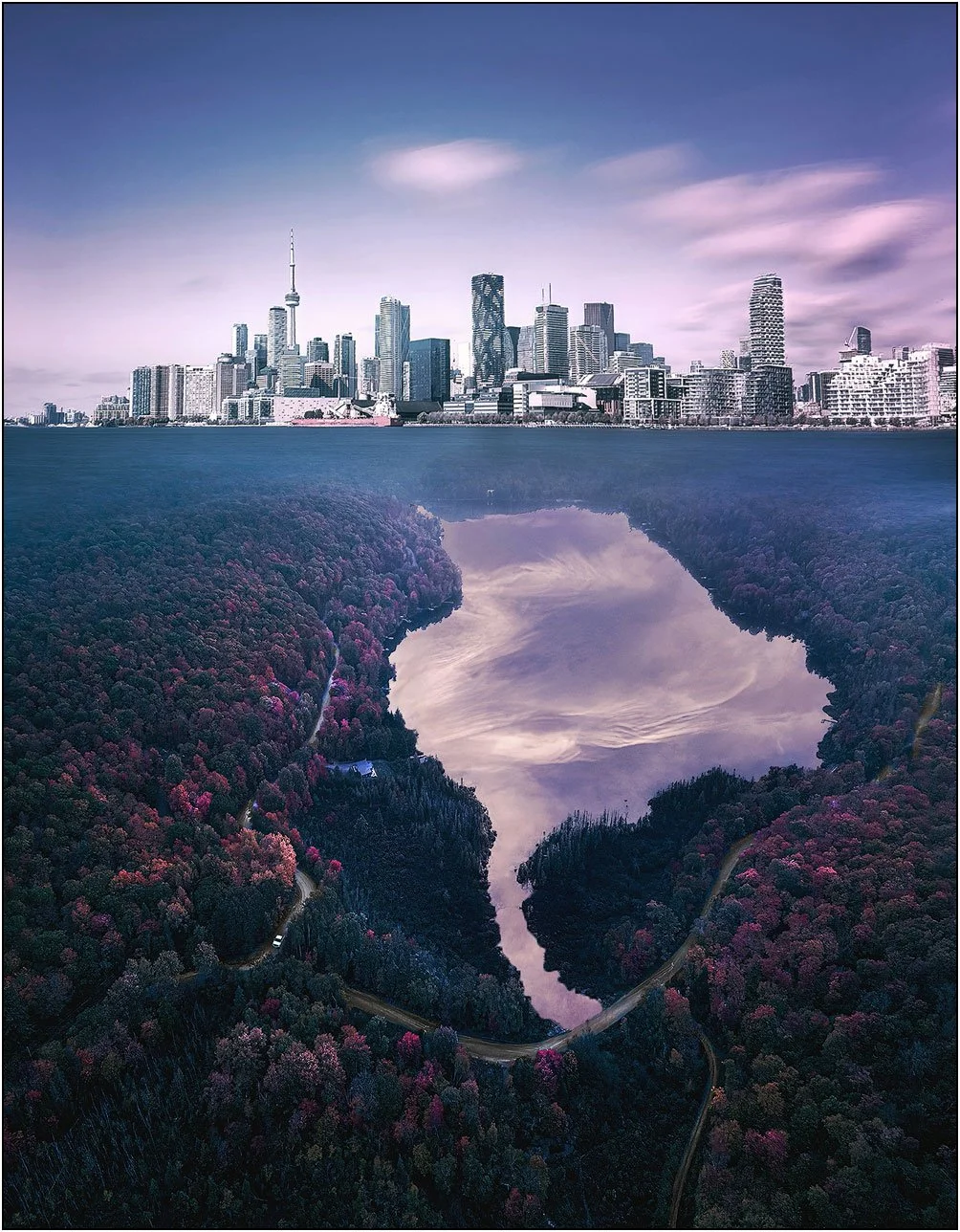 Toronto skyline rising above a forest lake in a photomontage, blending city and nature into one landscape.