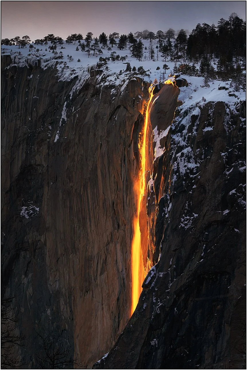 Horsetail Fall glowing like firefall at sunset in Yosemite National Park winter