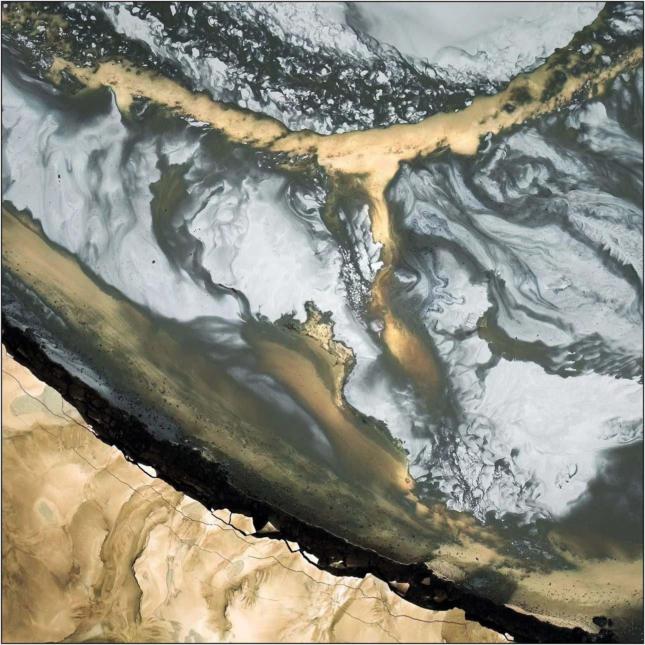 Aerial abstraction with contrasting dark and gold tones forming a dynamic flowing structure