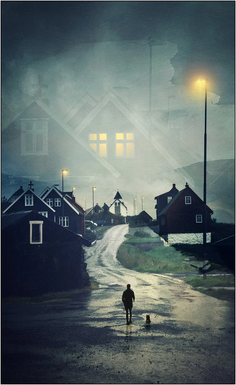 Double exposure style image of a person and a dog walking in a Faroe Islands village, with houses, mist, and illuminated windows