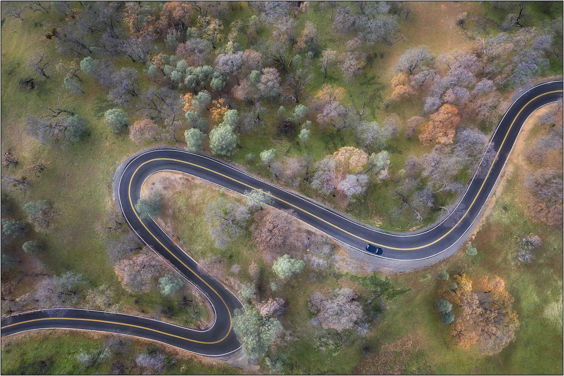Aerial view of a winding road through autumn forest