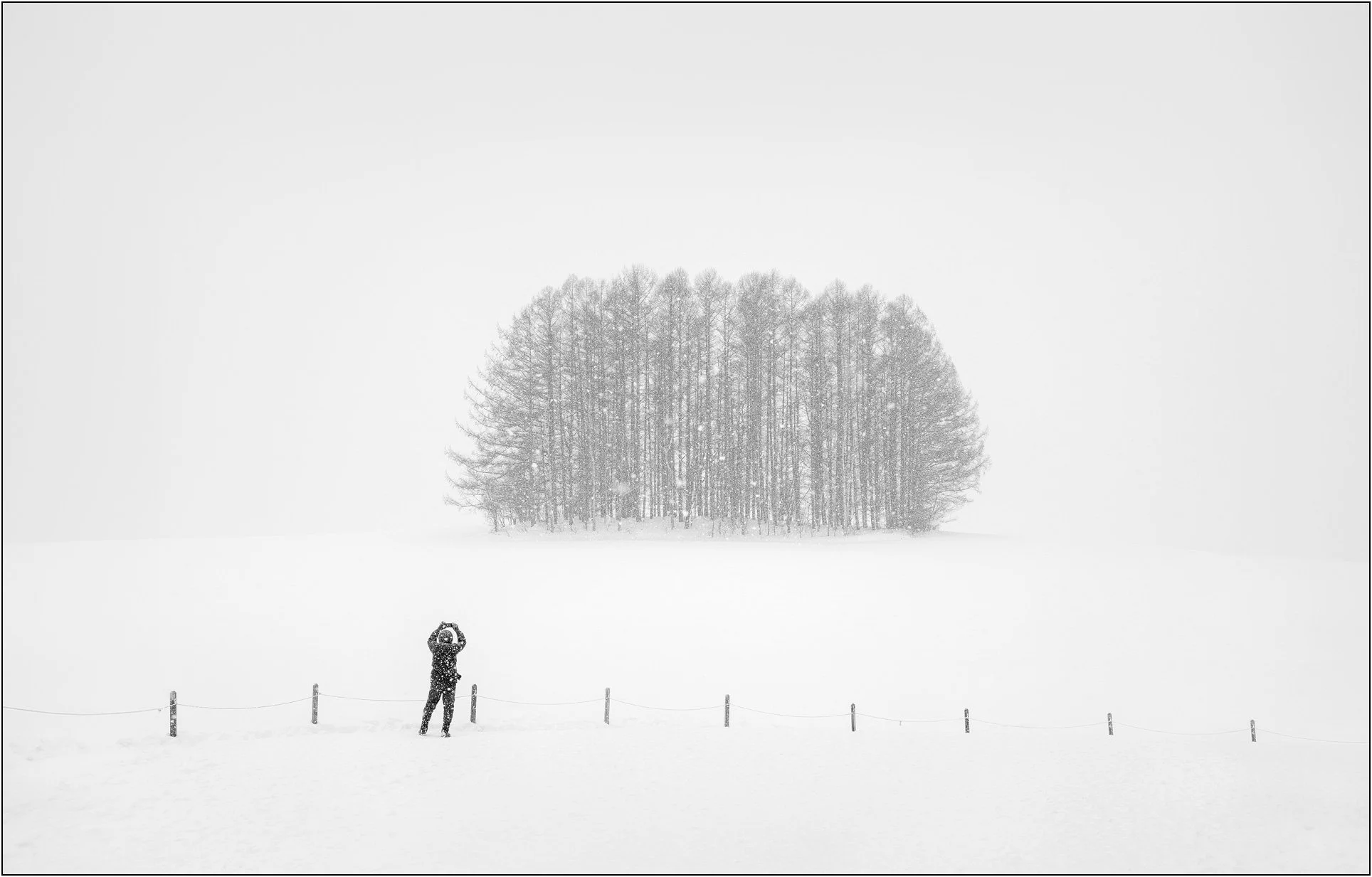 A lone photographer standing in a vast snowy field facing a distant cluster of trees in Hokkaido, Japan.