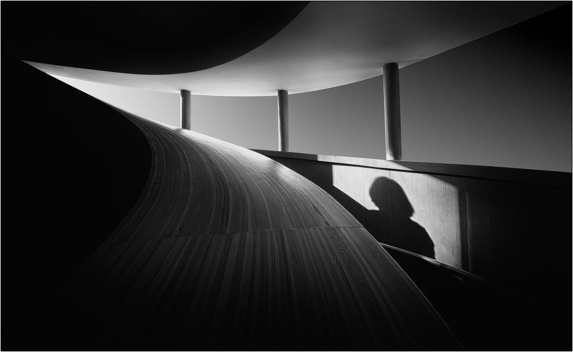 Black and white photograph of staircase with a shadow of a women in AGO, Toronto.