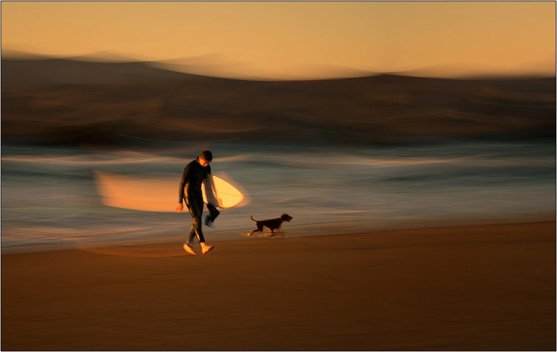Motion-blurred surfer walking along the shoreline at sunset with a dog