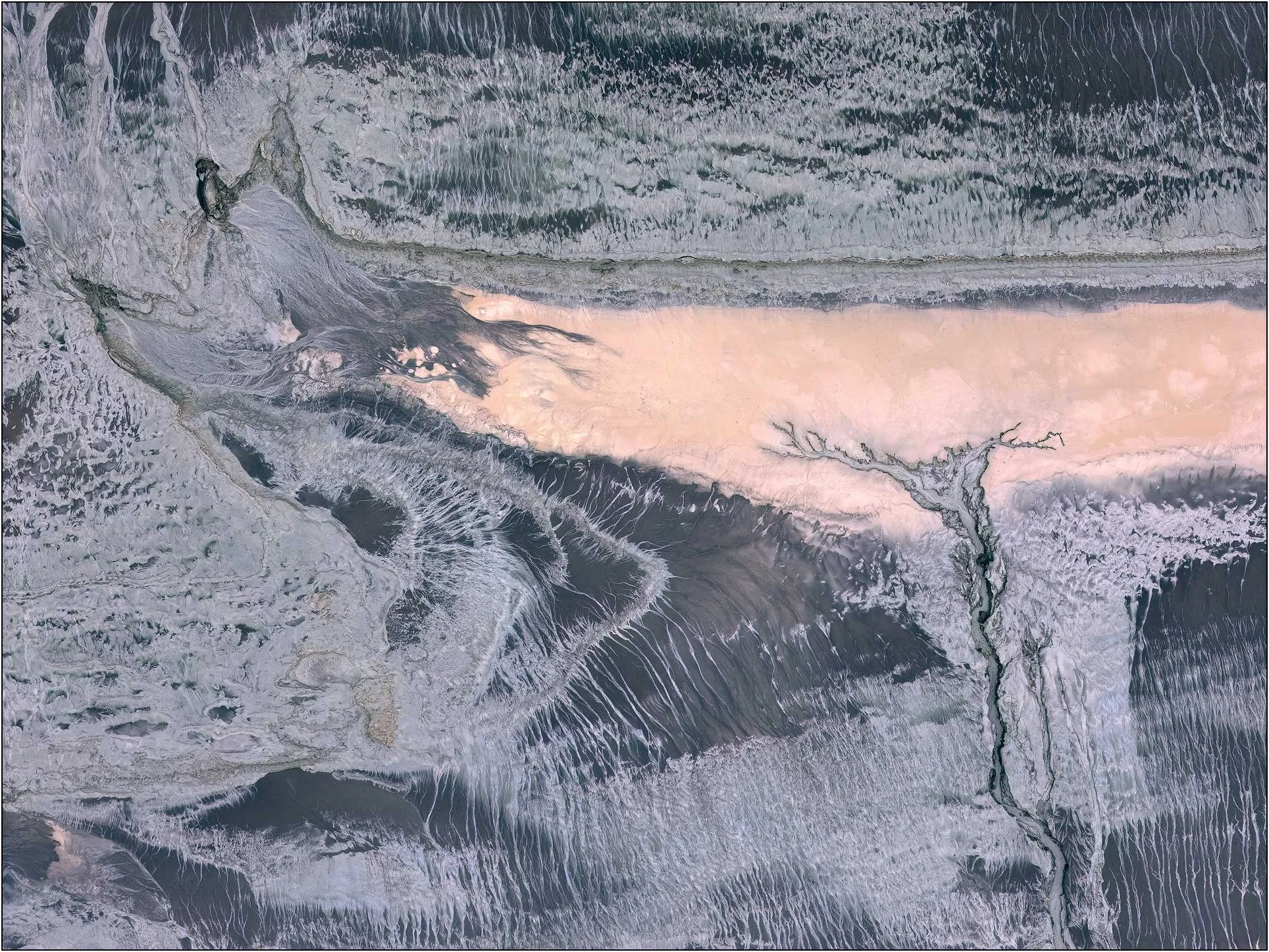 Aerial photography of the Qiantang River tidal flats in China, where tidal water and sediment form intricate abstract patterns. A warm-toned channel cuts through cool gray textures, while branching erosion lines resemble a solitary tree, revealing un