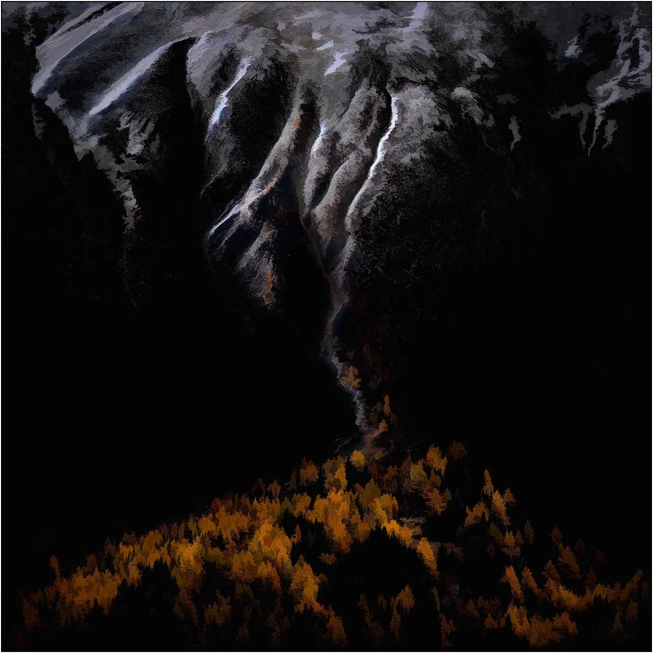 Golden autumn forest beneath a dark mountain with snow, with dramatic light and deep shadows.