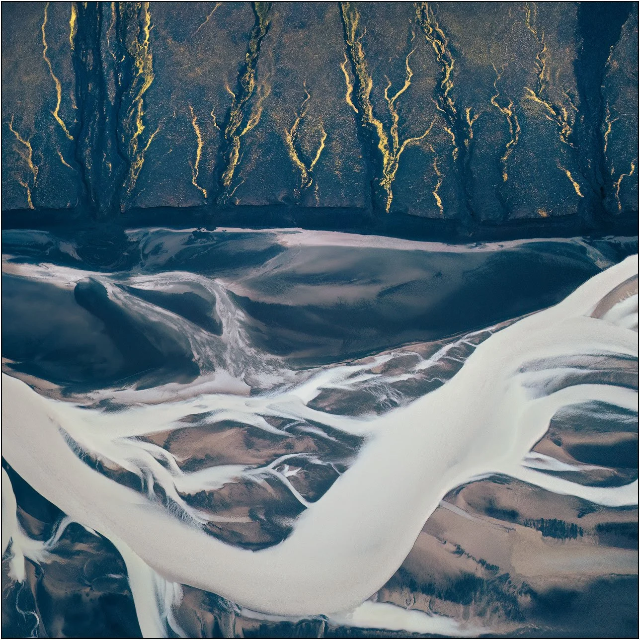 Aerial view of braided glacial rivers flowing through dark volcanic sand, forming abstract patterns with luminous white channels and golden vein-like textures.