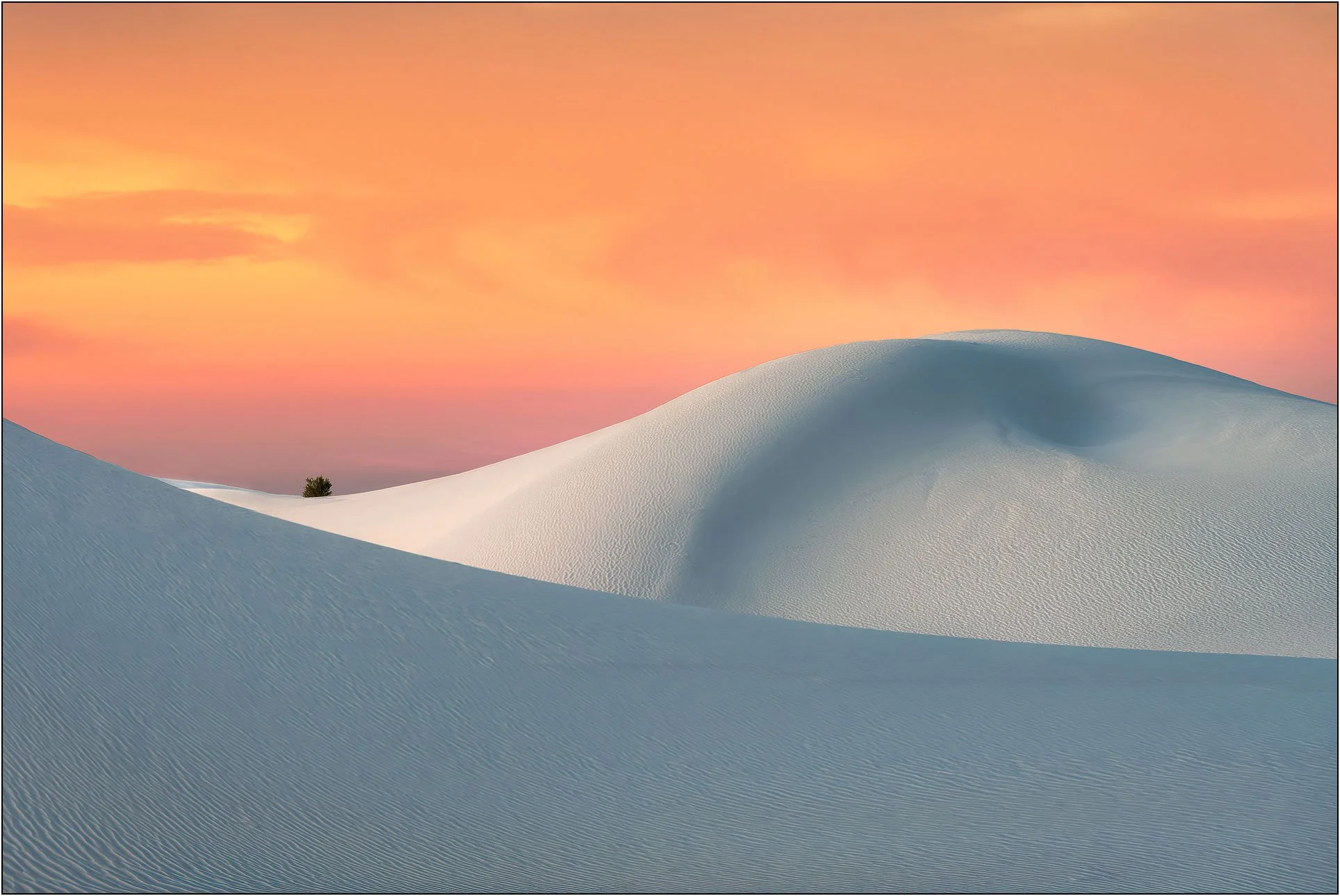 Soft pastel sunrise over white sand dunes in White Sands National Park New Mexico
