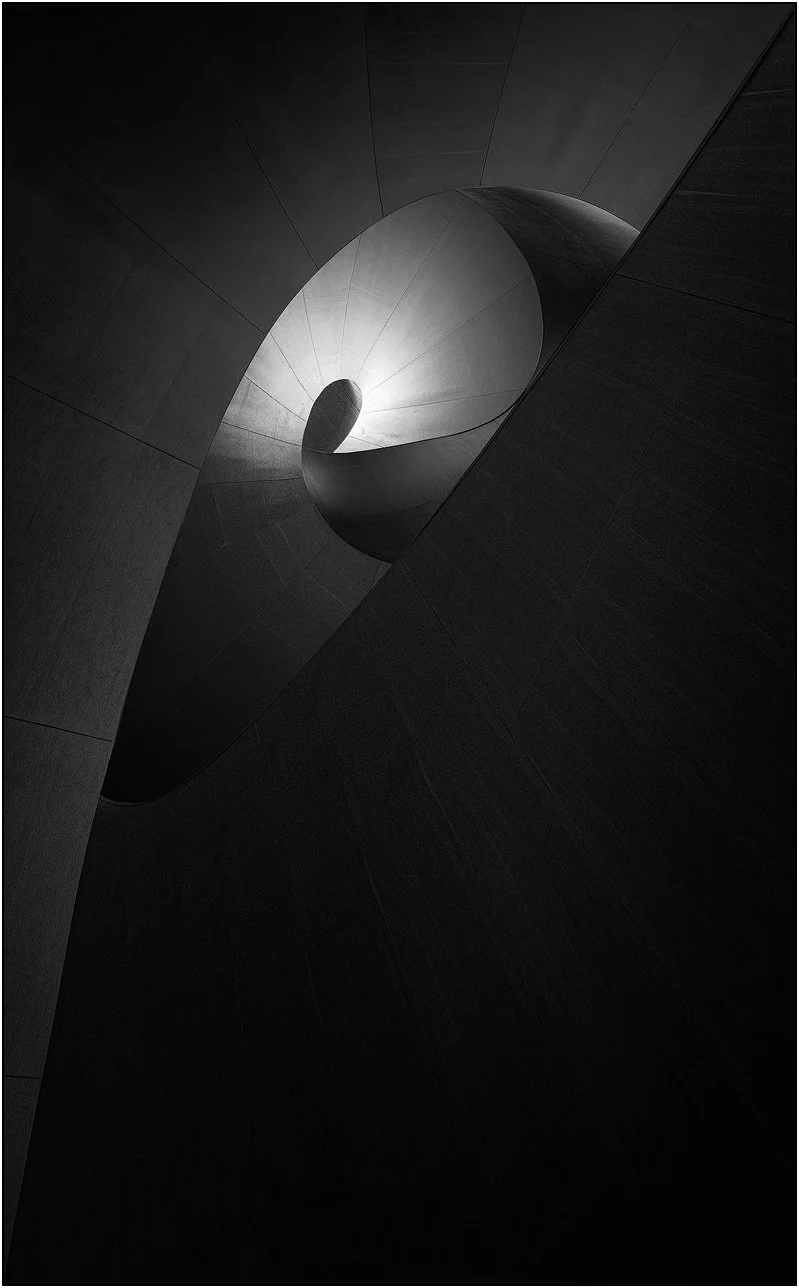 Black and white photograph of staircase in AGO, Toronto.