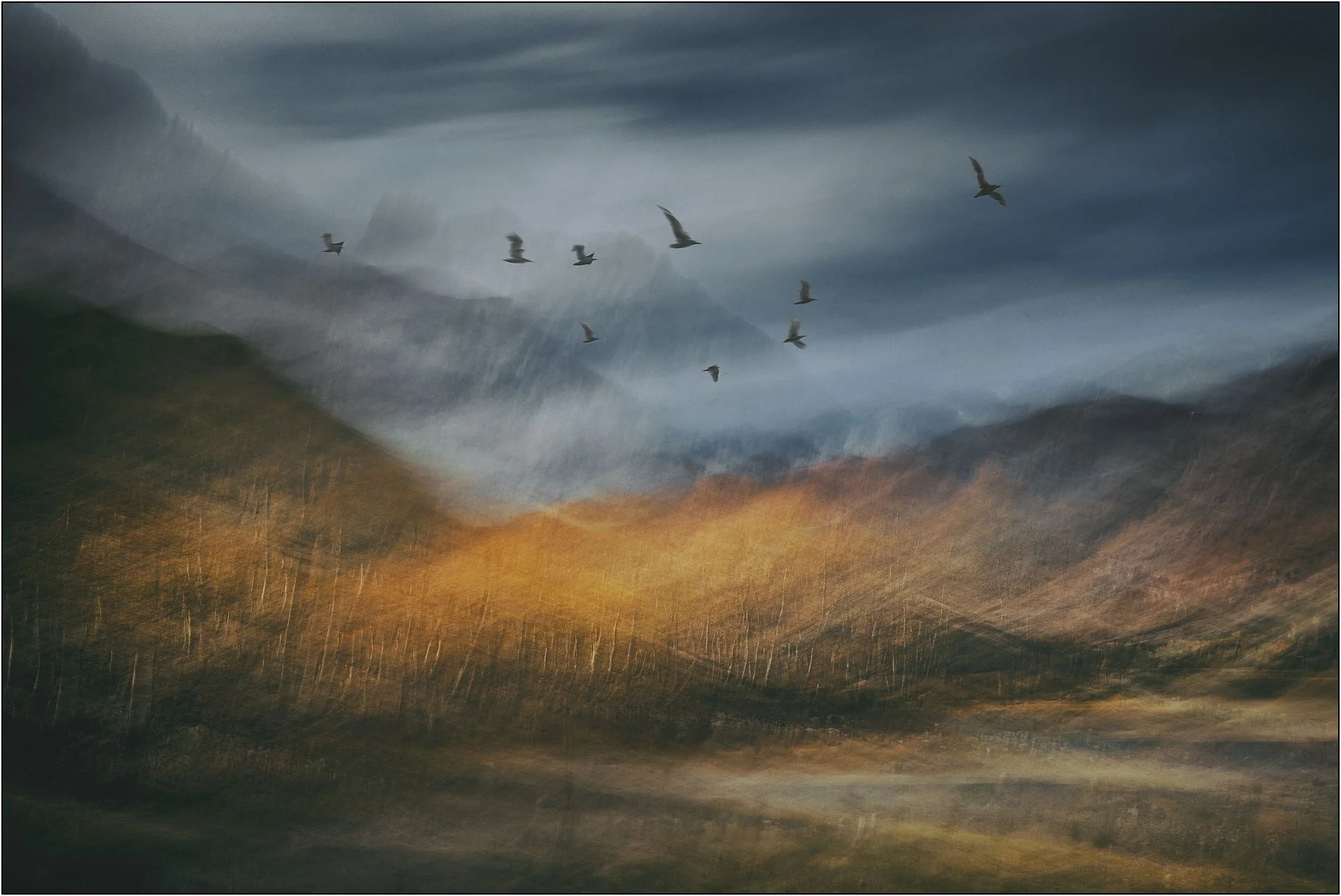 Birds flying over a blurred mountain landscape with soft flowing textures and autumn tones