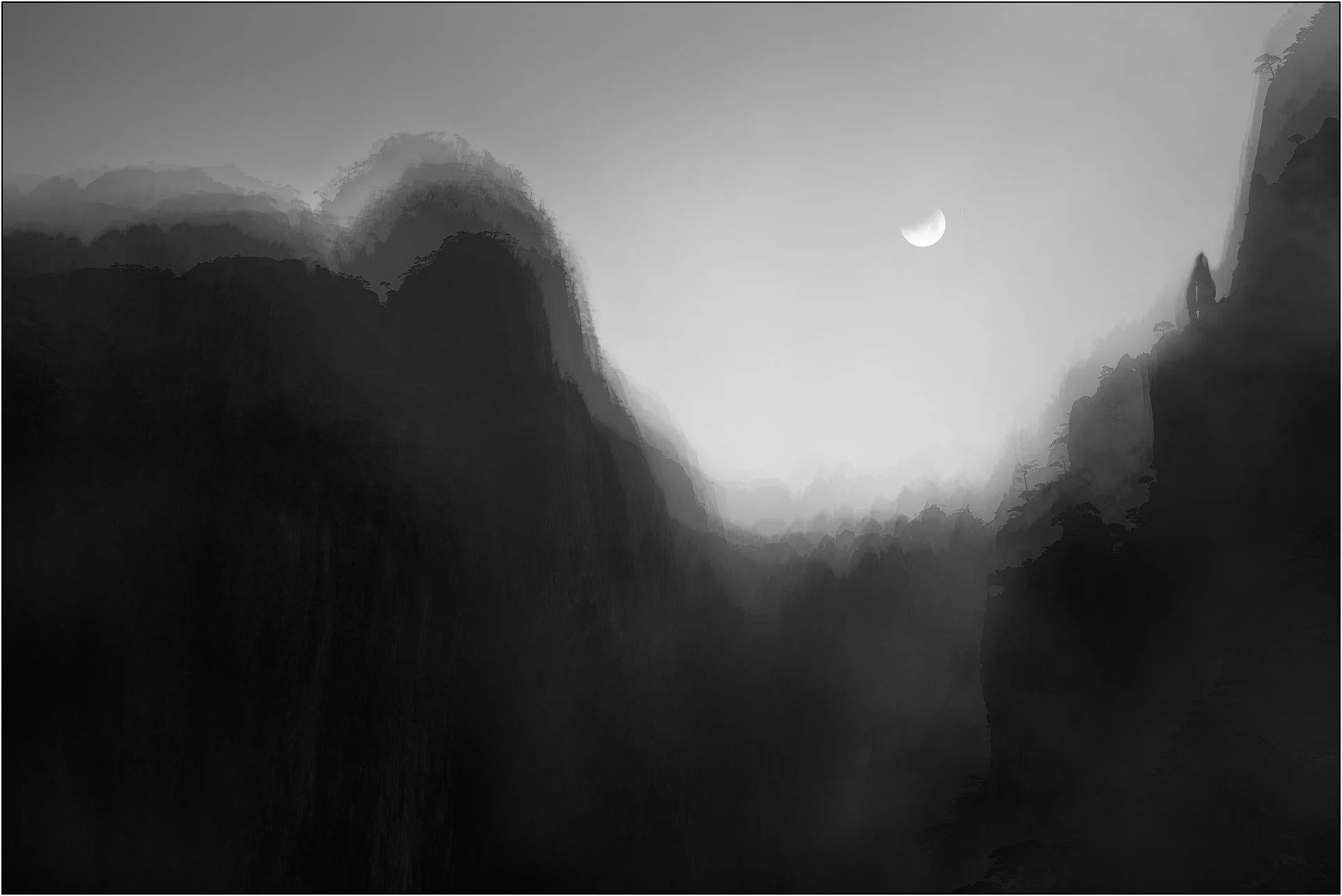 Multiple exposure of mountains in Huangshan, China, creating painterly effect.