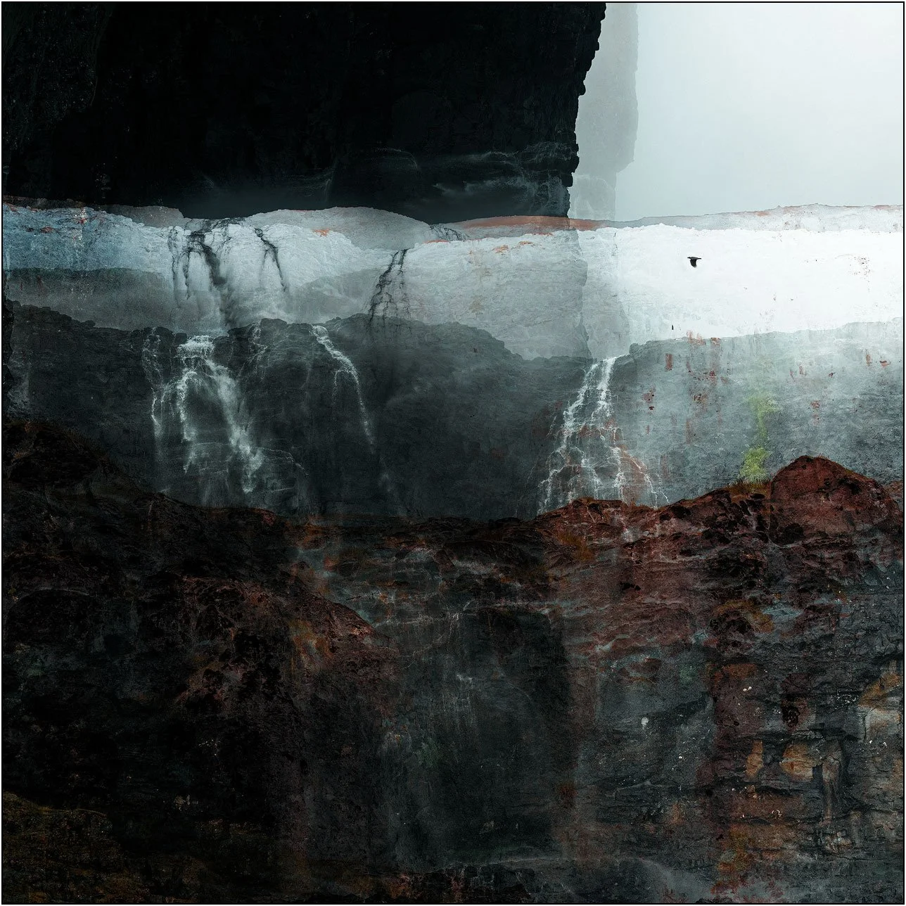 Abstract view of a cliff and waterfall in the Faroe Islands, with layered textures, mist, and a small bird in flight.