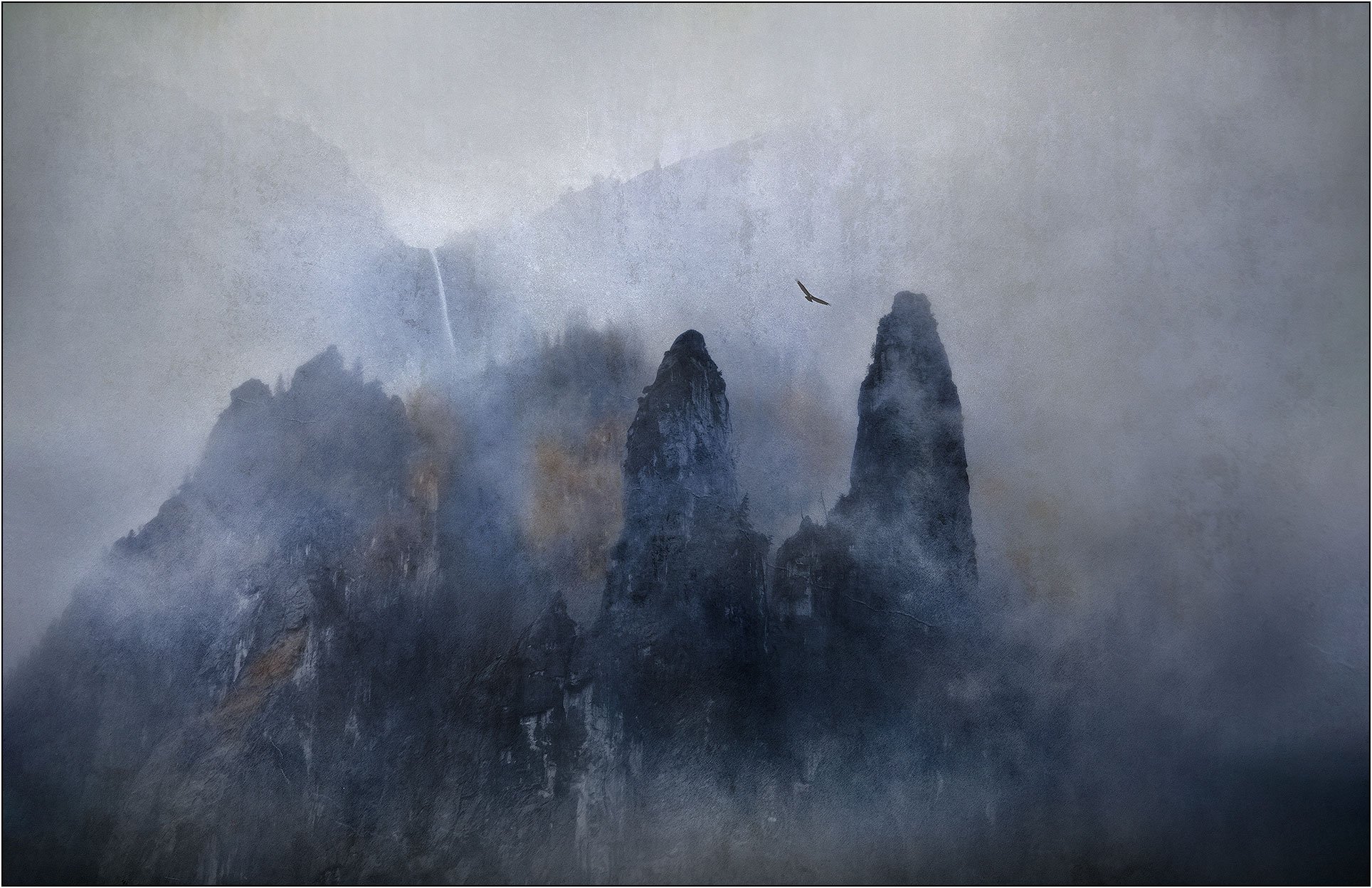 Multiple exposure of mountains in Yosemite National Park, creating painterly and dreamy effect.