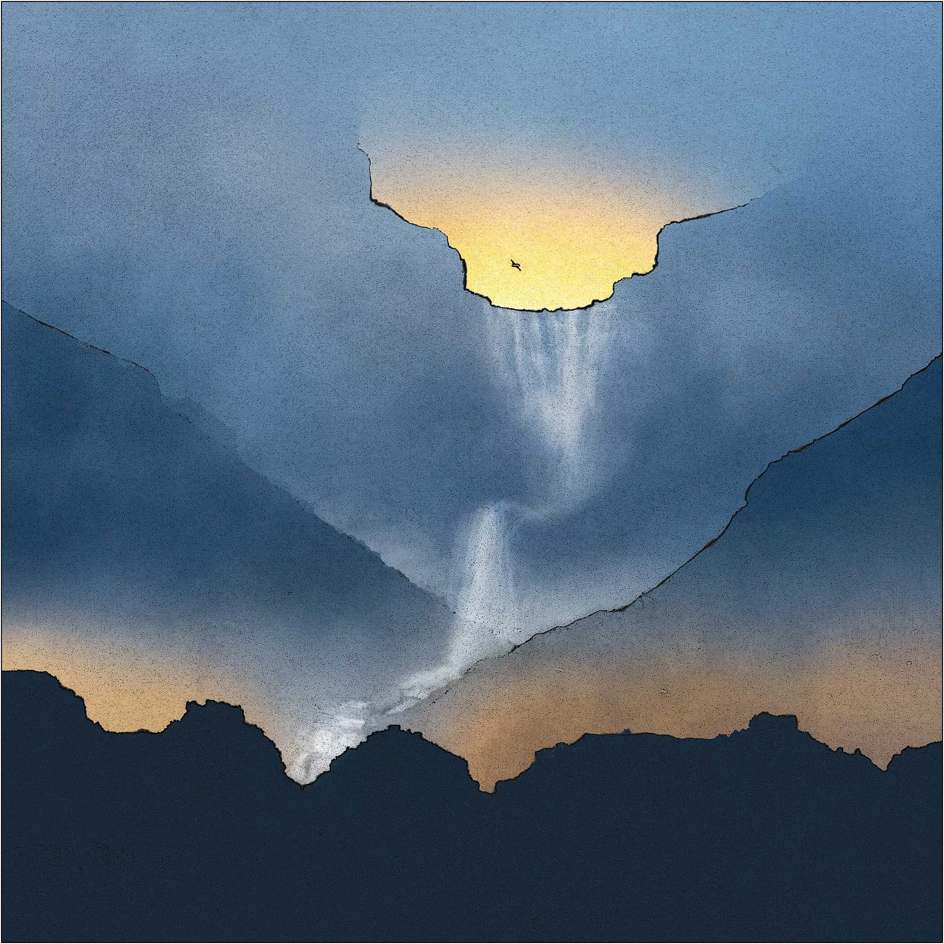 Abstract composition of waterfall flowing through layered shapes, resembling a landscape with a small bird in the distance.