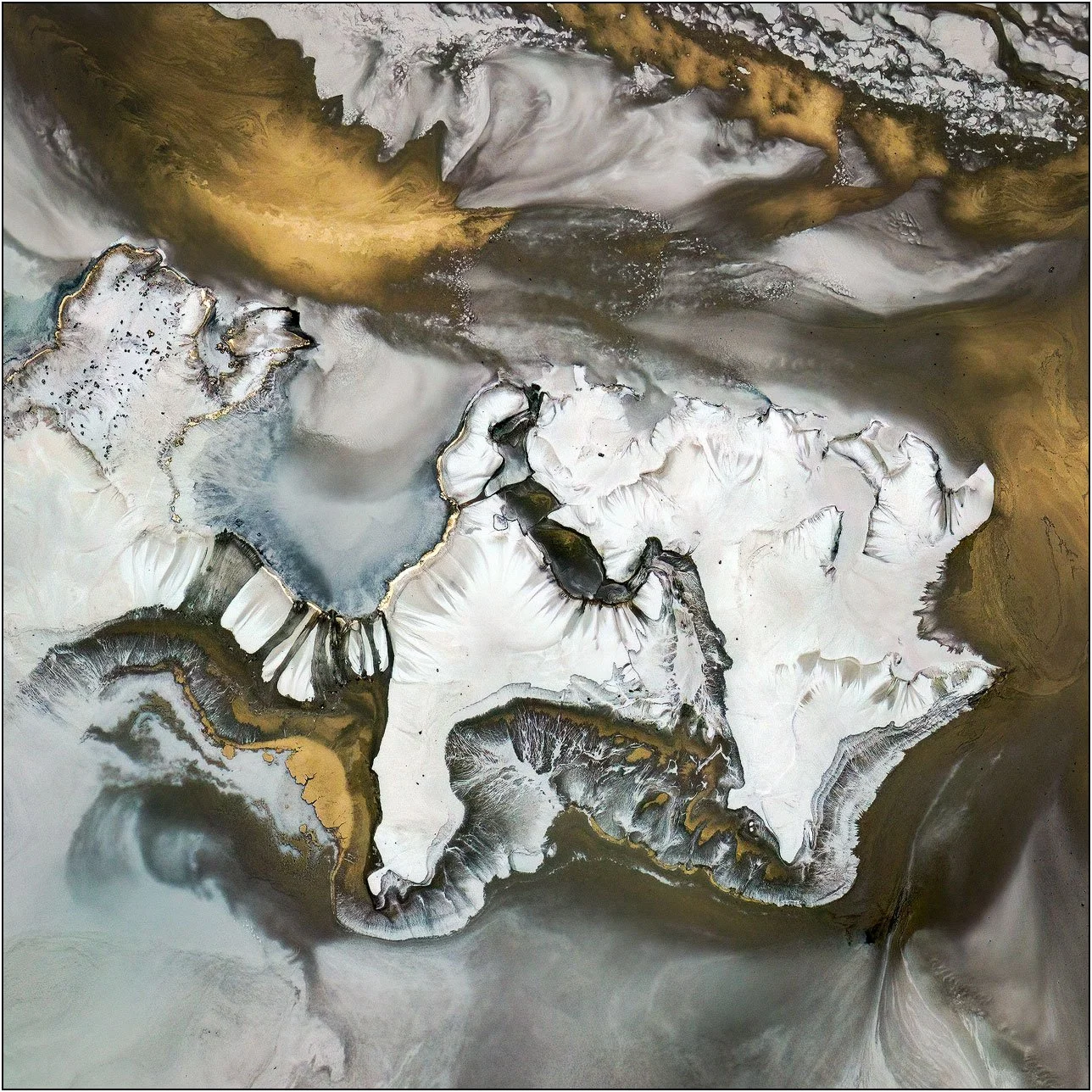 Abstract aerial composition with intricate textures and layered tones resembling a fluid landscape painting
