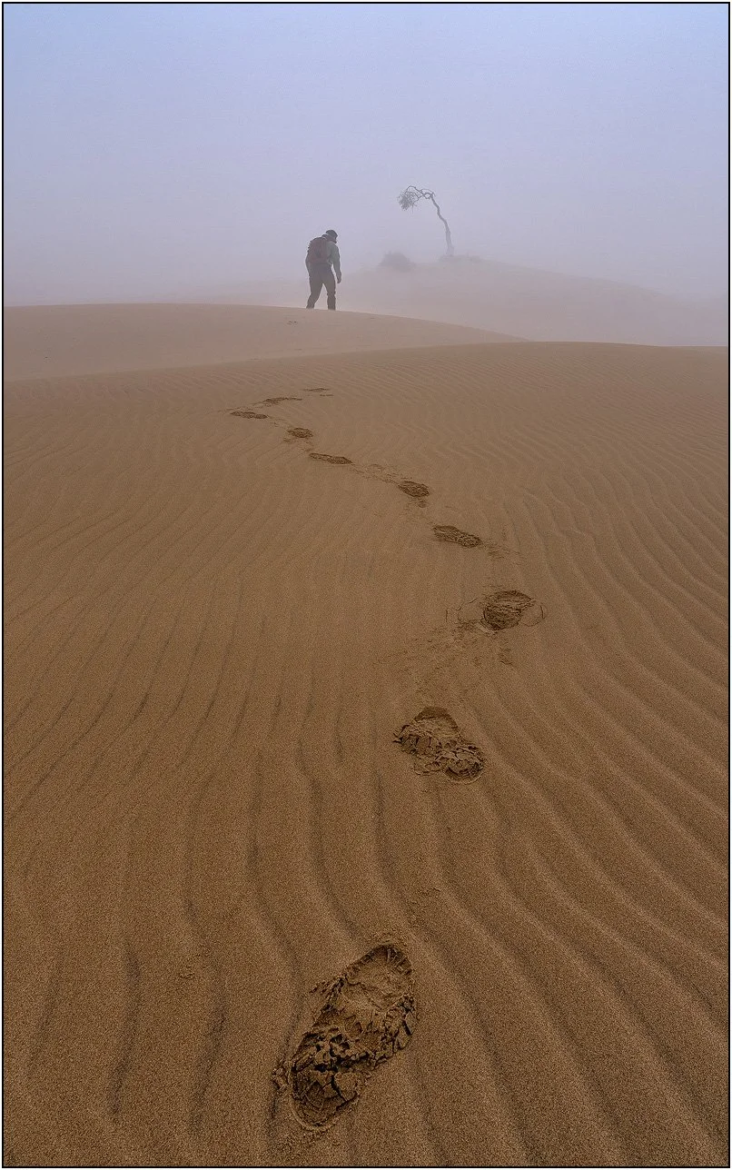 Footprints leading across misty sand dunes toward a lone figure