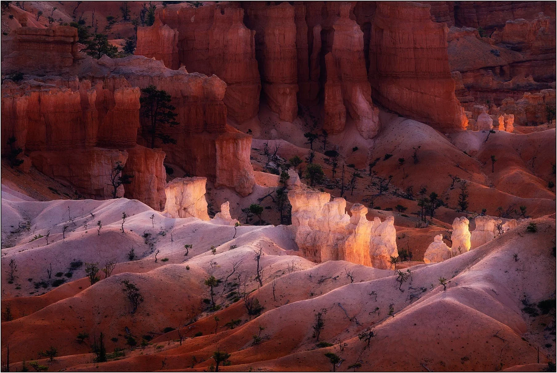 Sandstone formations in Bryce Canyon under soft light