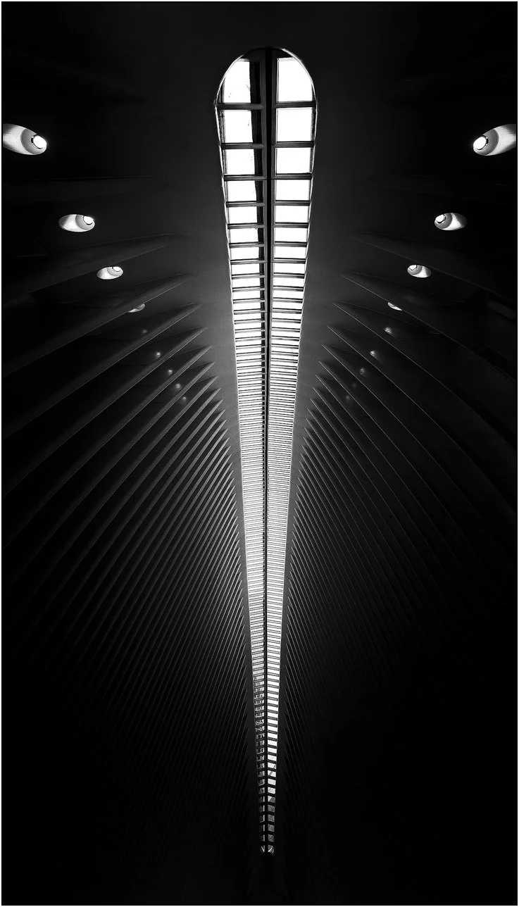 Symmetrical interior of the Oculus with a long skylight and repeating rib-like architectural lines