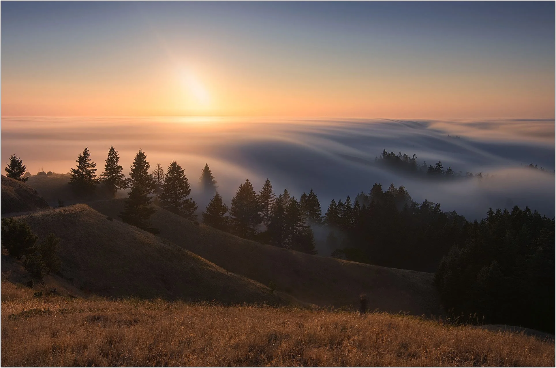 Sunset above rolling fog over forested hills