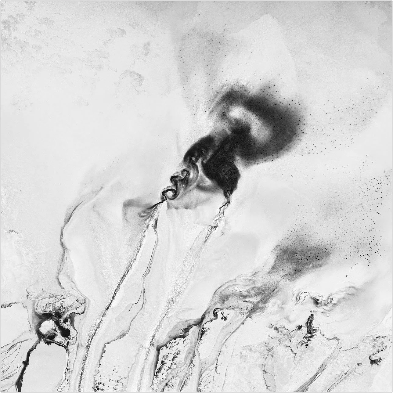 Abstract aerial composition with layered tonal fields and scattered textures evoking a quiet landscape