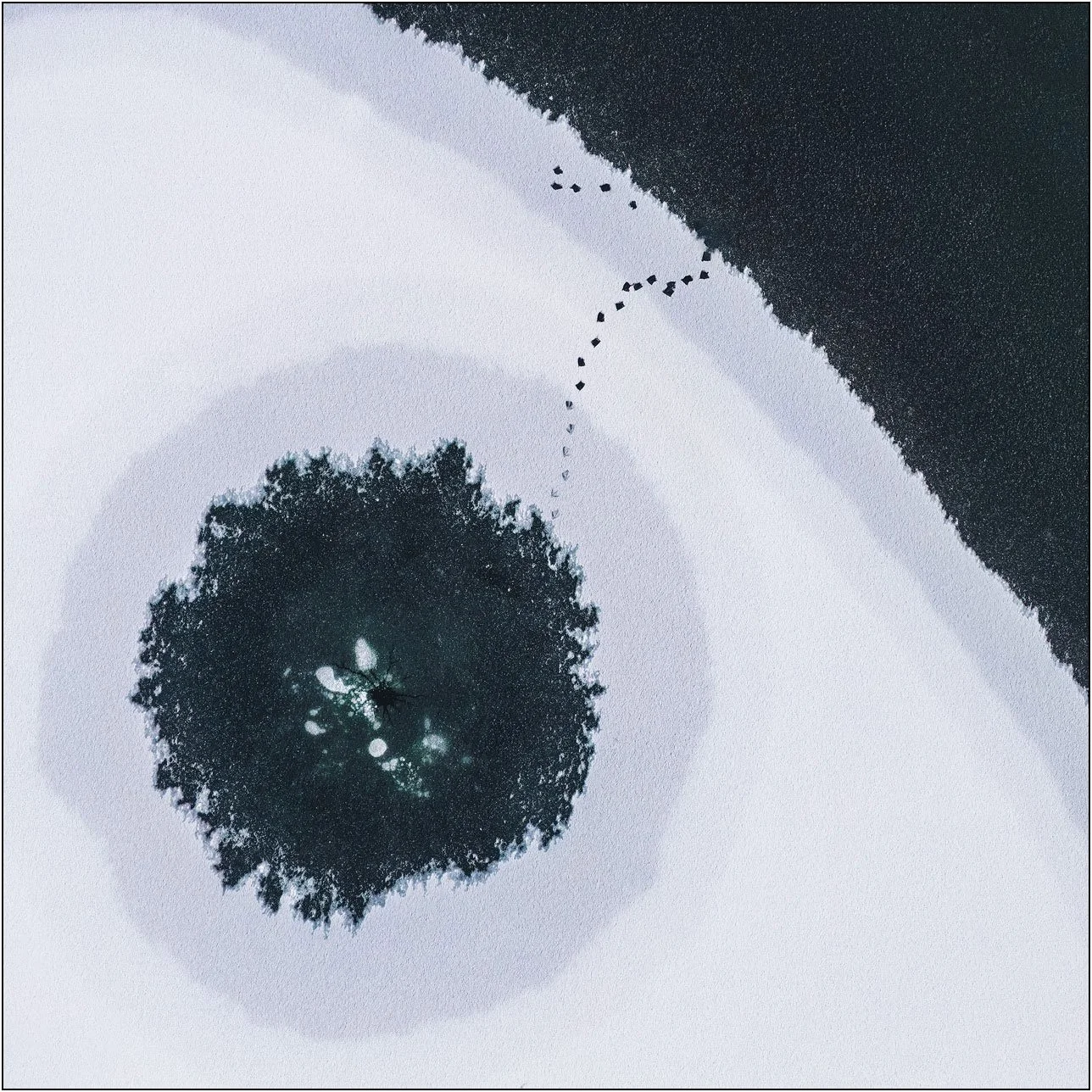 Minimal abstract scene with a circular form and subtle traces suggesting movement and presence
