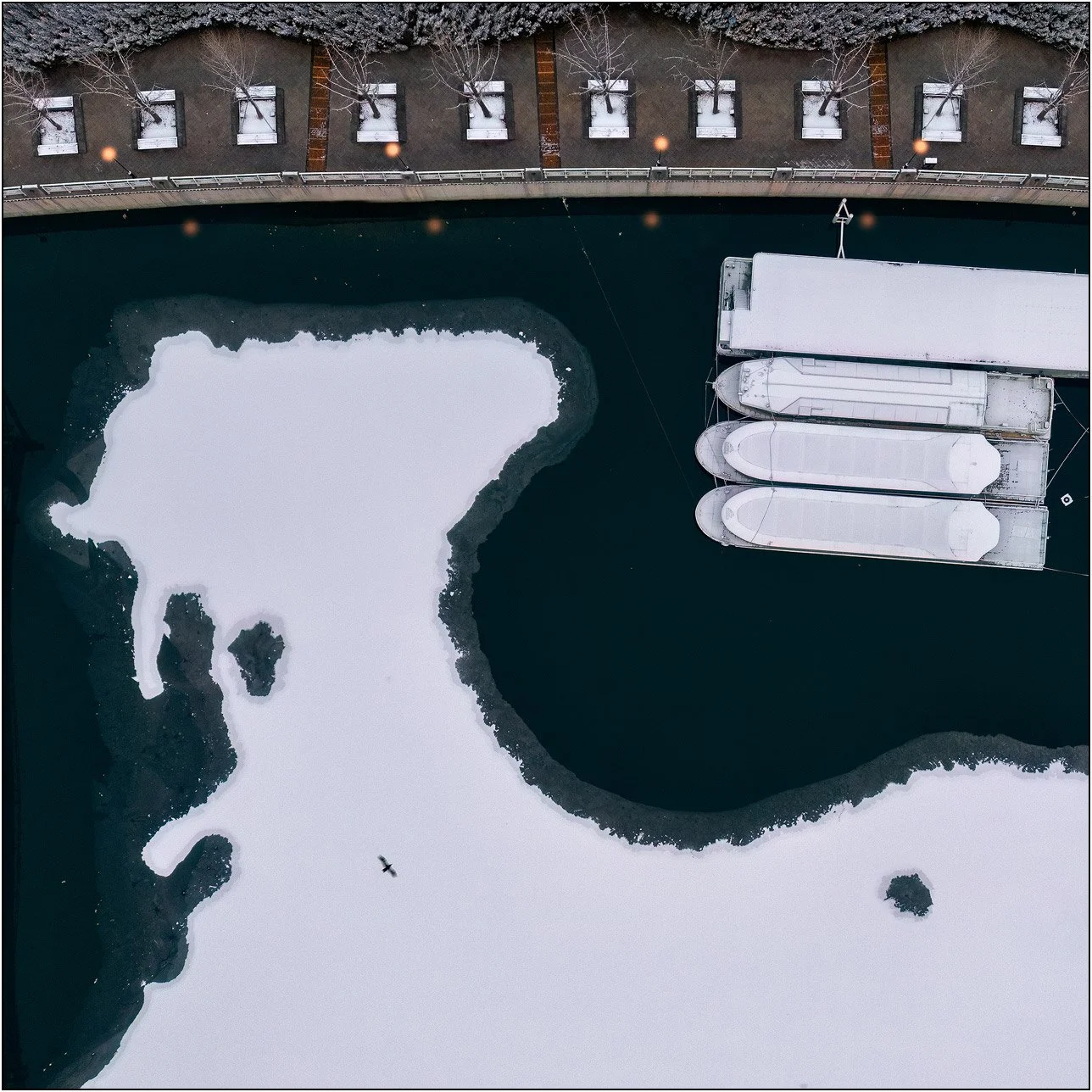 Aerial image of a harbor after snow in Tianjin, China.