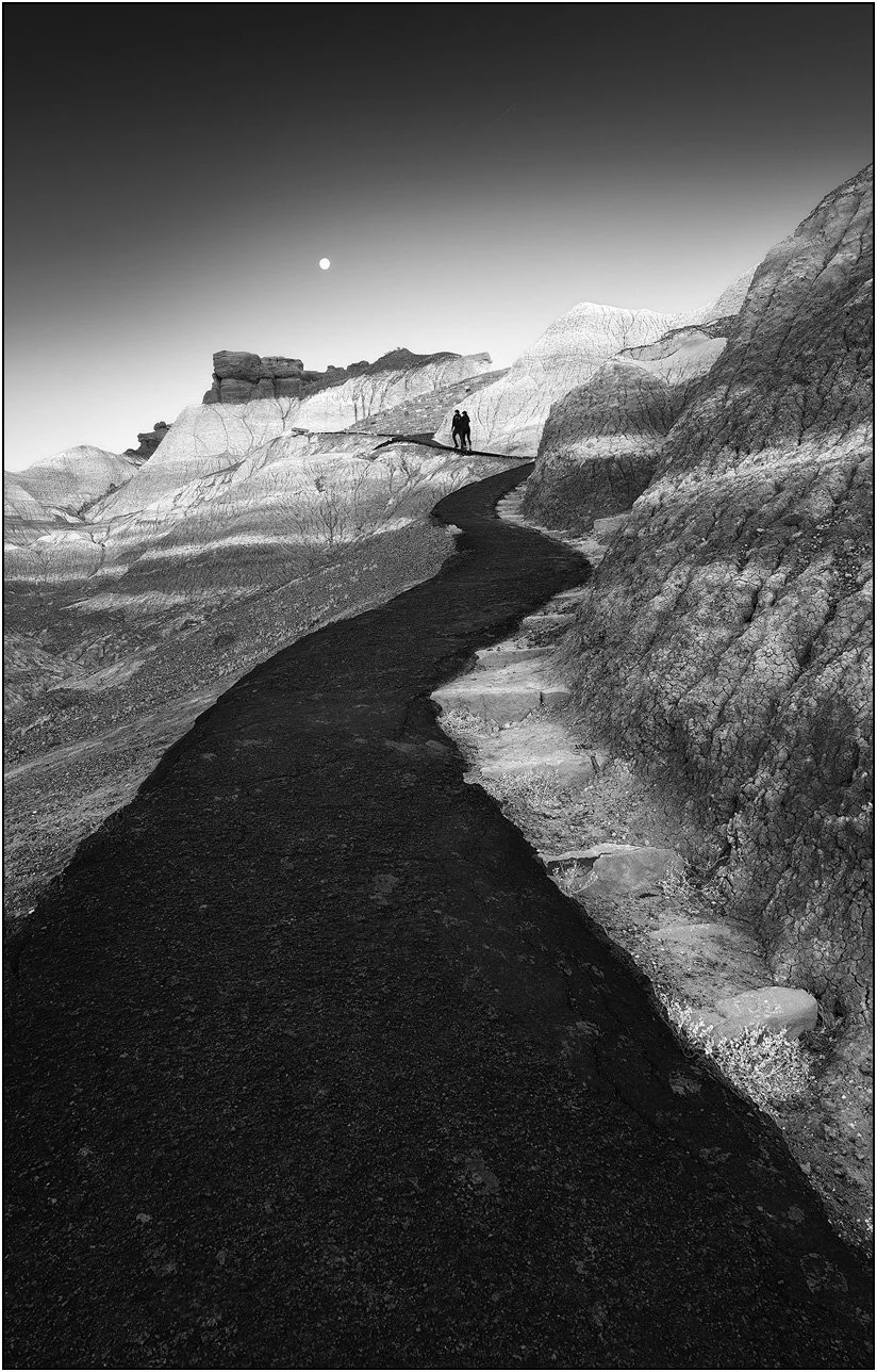 Two people walking along a winding path in a barren rocky landscape under a bright sky in Petrified Forest national park