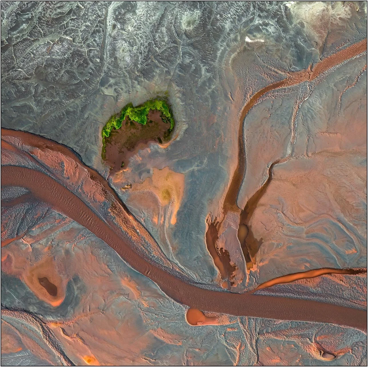 Aerial view of a tailings lake with organic shapes and a vivid green patch emerging from muted tones