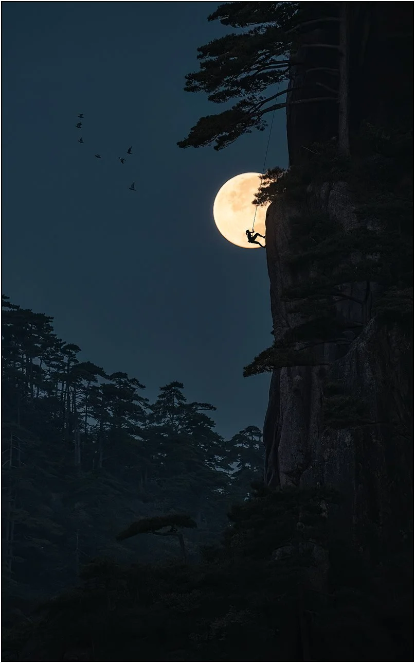 Photo composite of a mountain climber silhouetted against the full moon on a cliff in Huangshan, China.