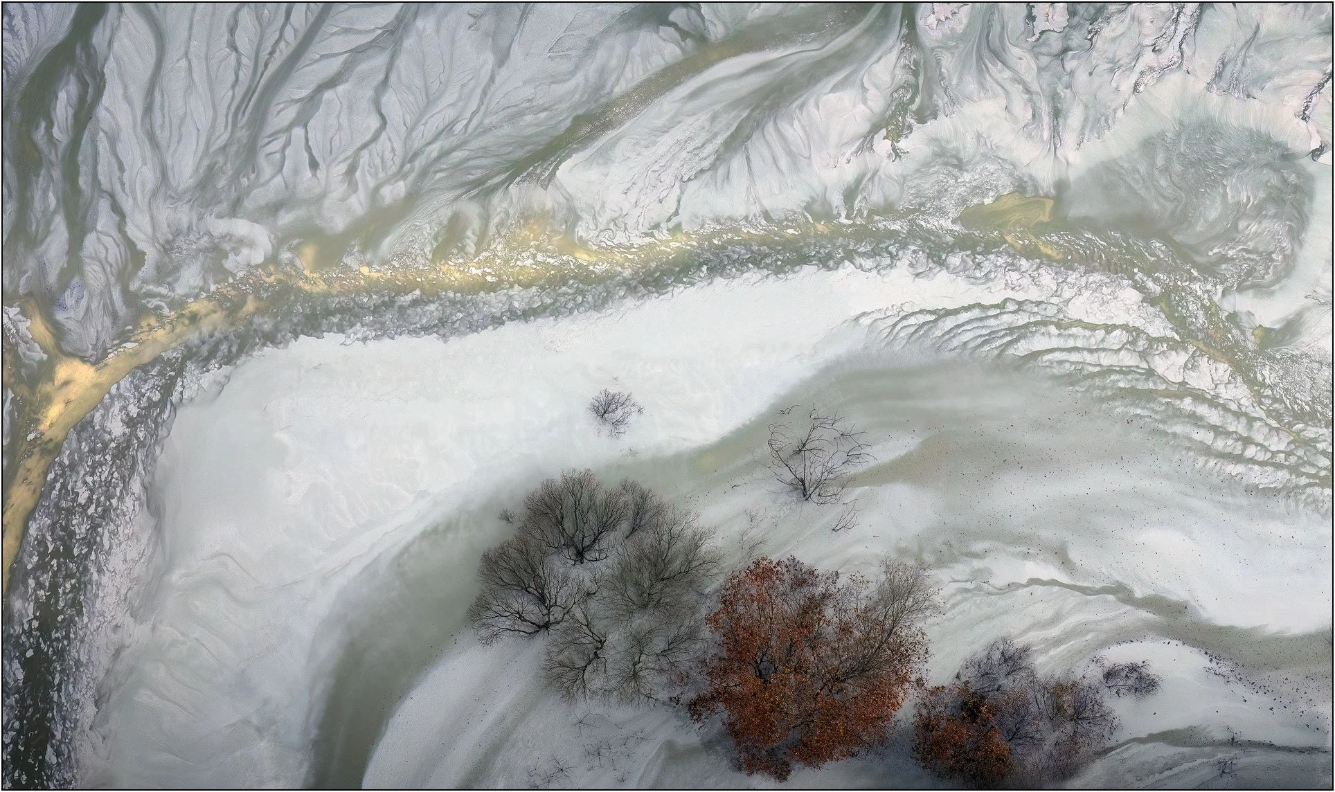 Aerial abstraction with delicate tonal gradients and subtle organic forms emerging from a pale surface
