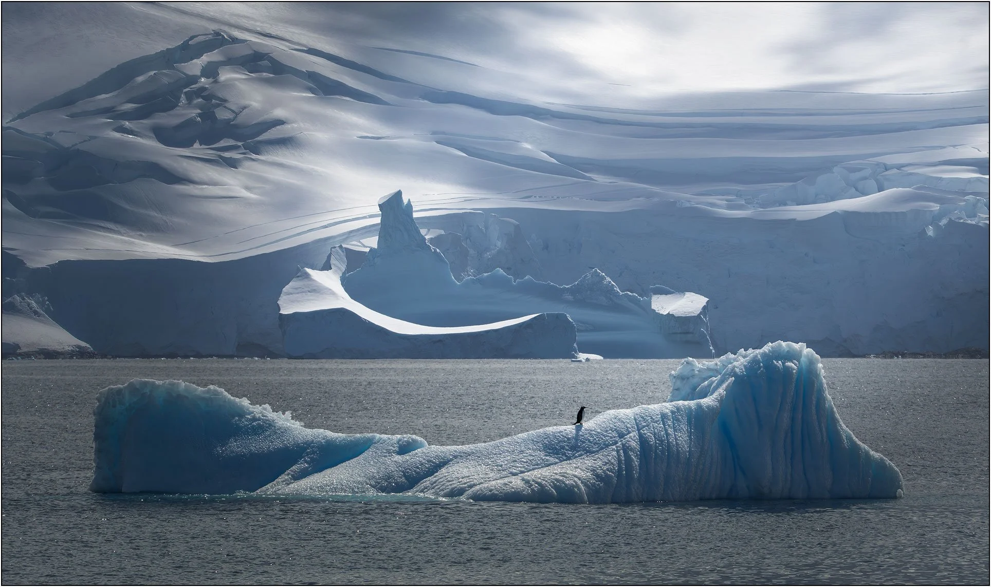 A penguin on a floating iceberg with other icebergs and mountains as background in Antarctica.