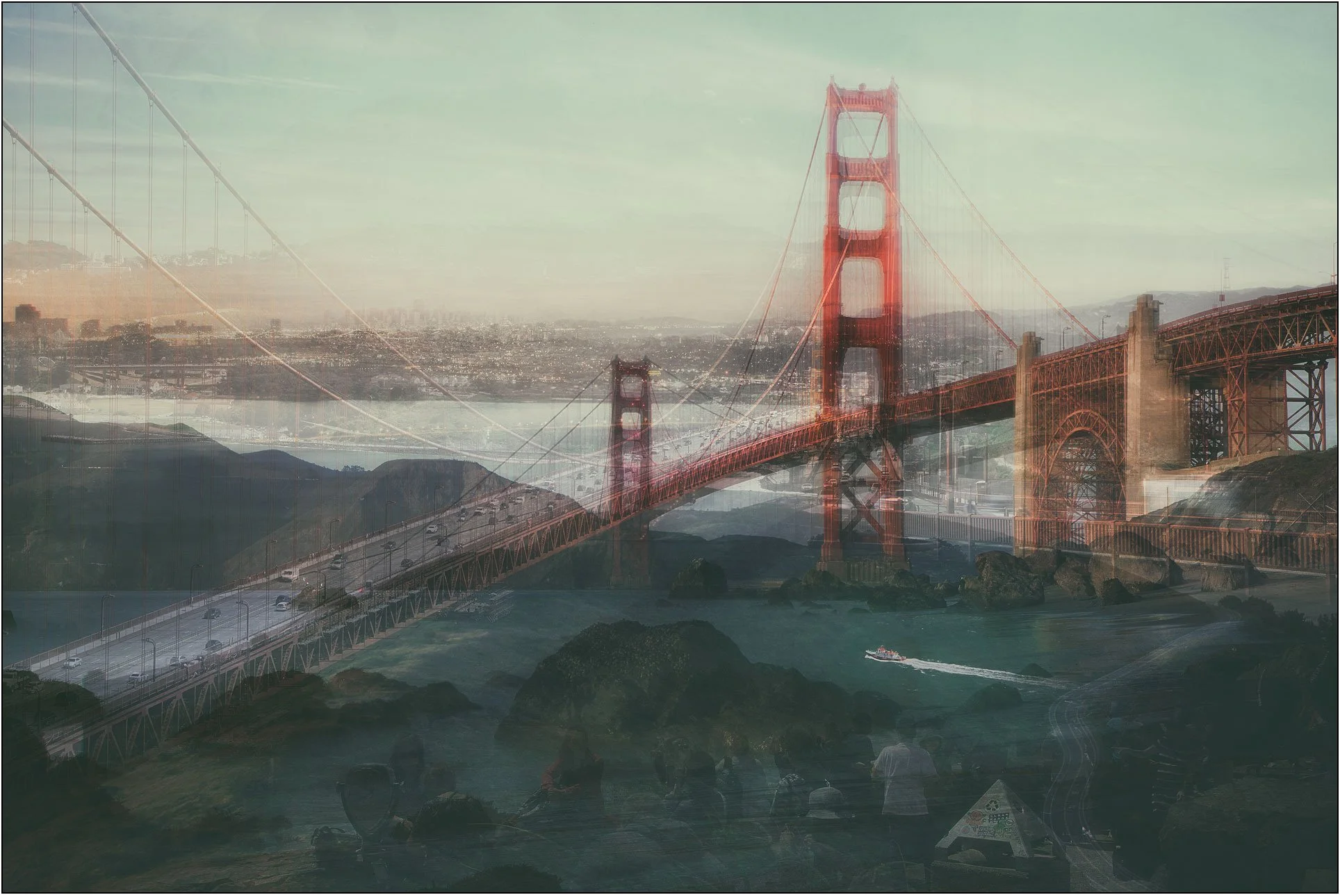 Multiple exposures of the Golden Gate Bridge layered with city elements creating a surreal urban composition
