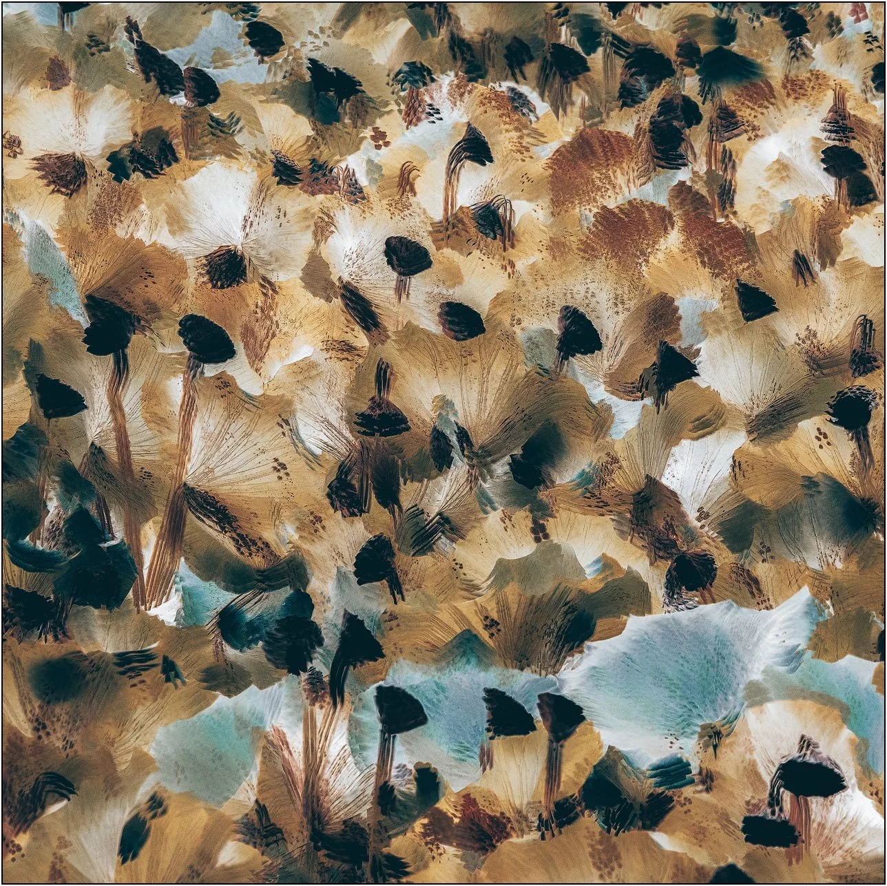 Abstract composition inspired by lotus forms, with layered textures and warm earthy tones.