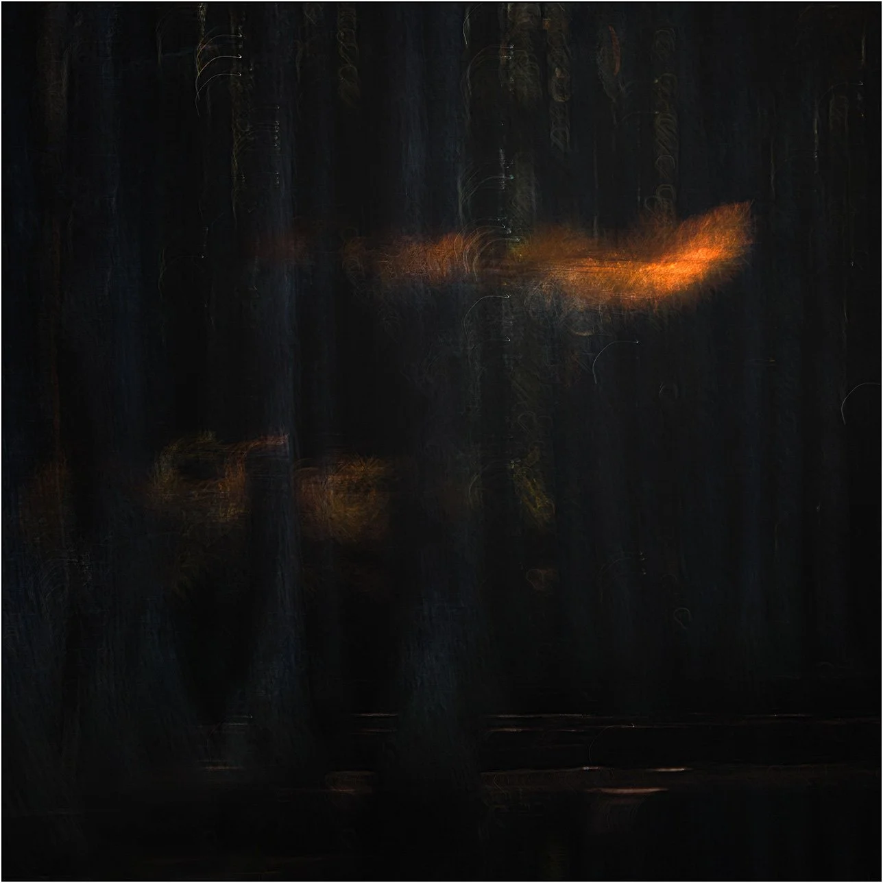 Abstract motion-blurred cypress trees in autumn colors, creating a painterly forest scene.