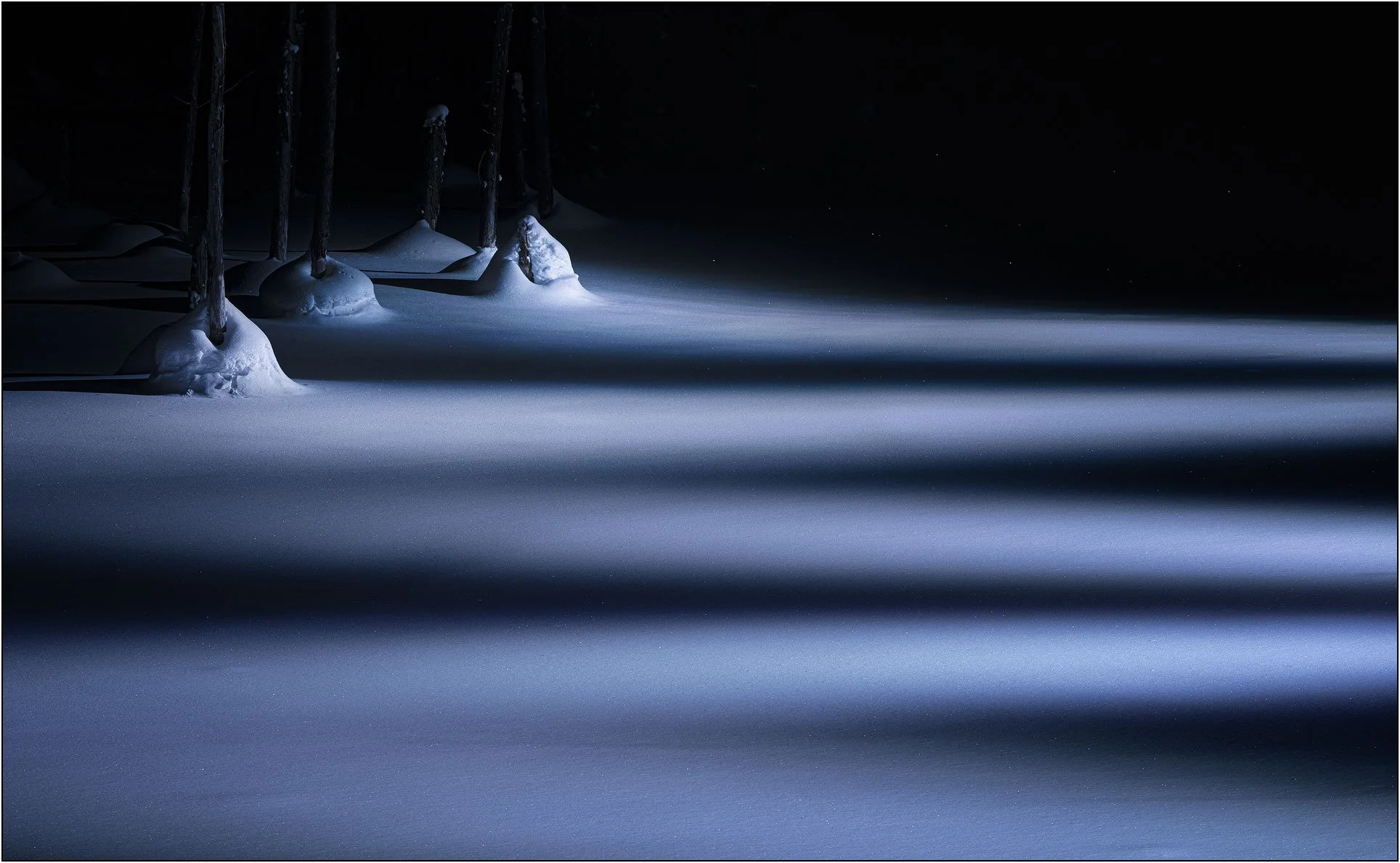Minimal snowy landscape with long blue shadows cast by trees under soft light at night in frozen blue pond in Hokkaido, Japan.