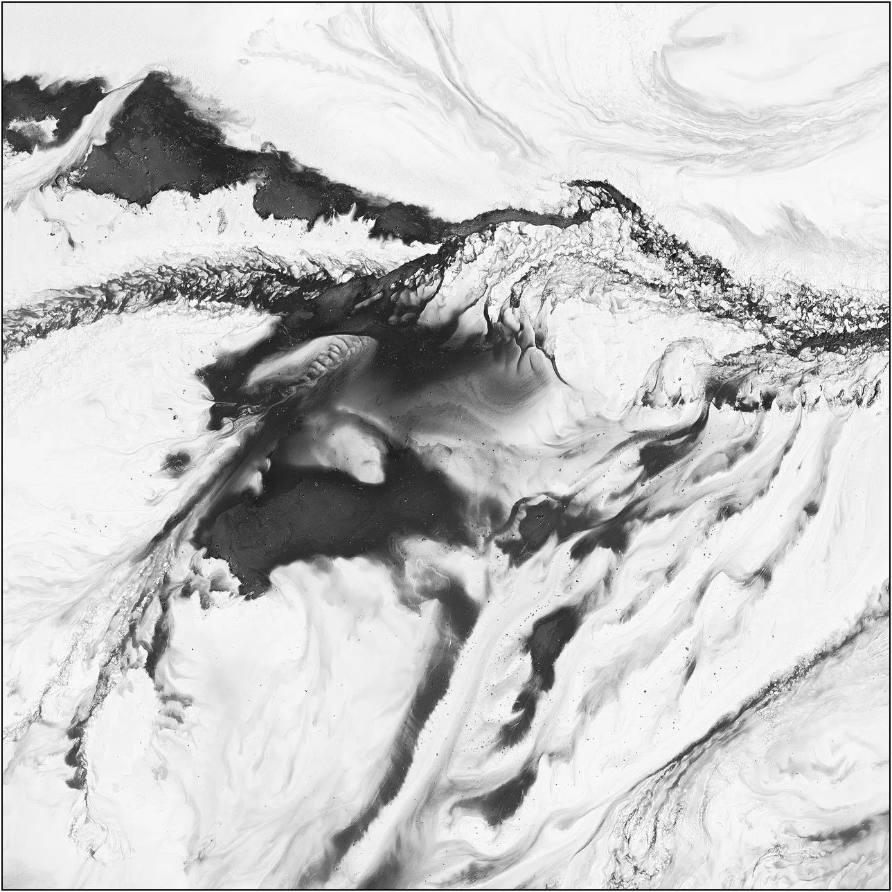 Aerial abstraction of a tailings lake with fluid black and white forms resembling ink in motion