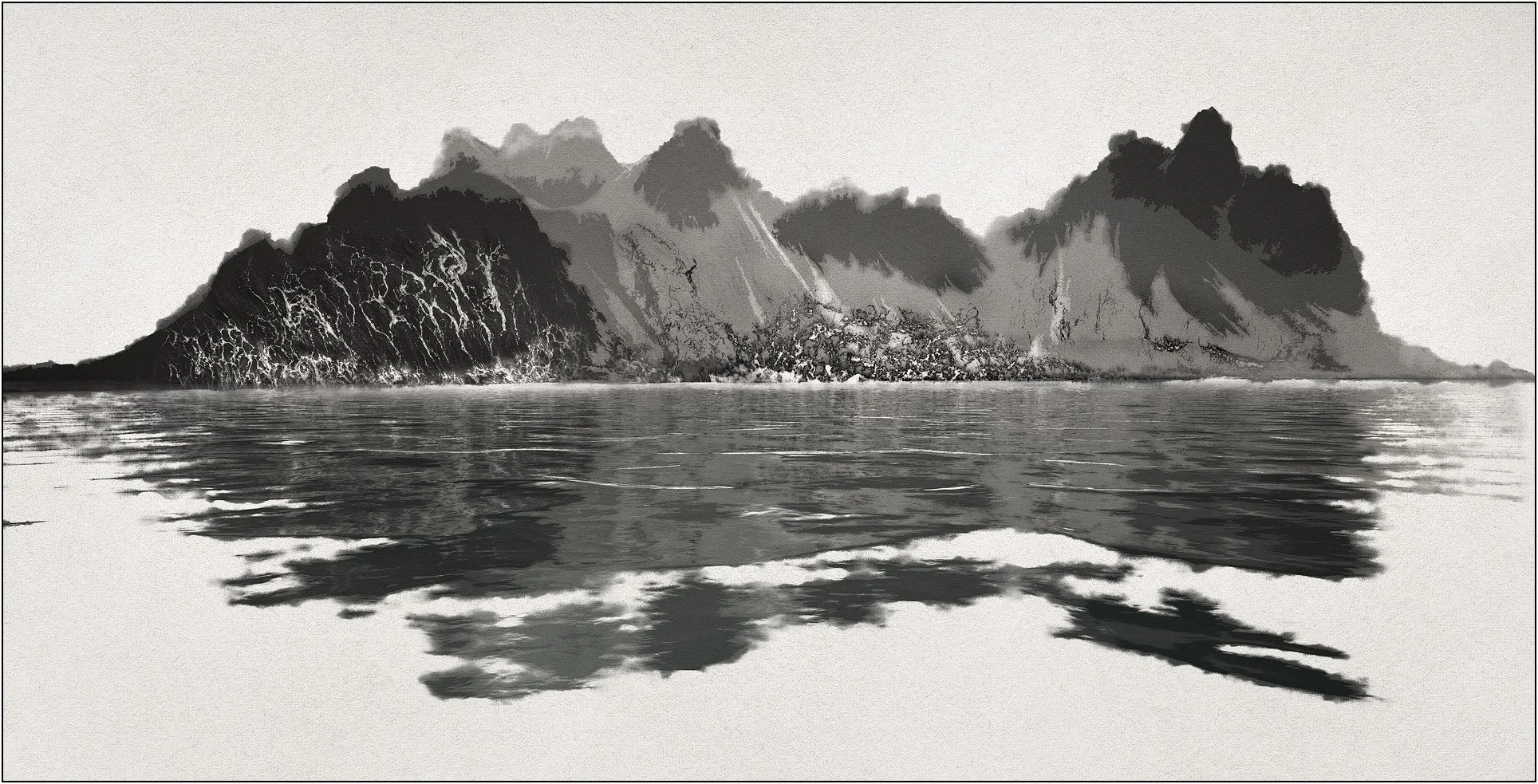 Black and white sumi-e effect image of Vestrahorn, Iceland.