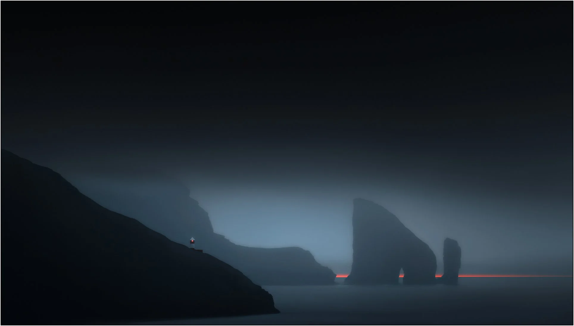 Dark moody landscape of Drangarnir with a lighthouse and sea stacks, Faroe Islands.