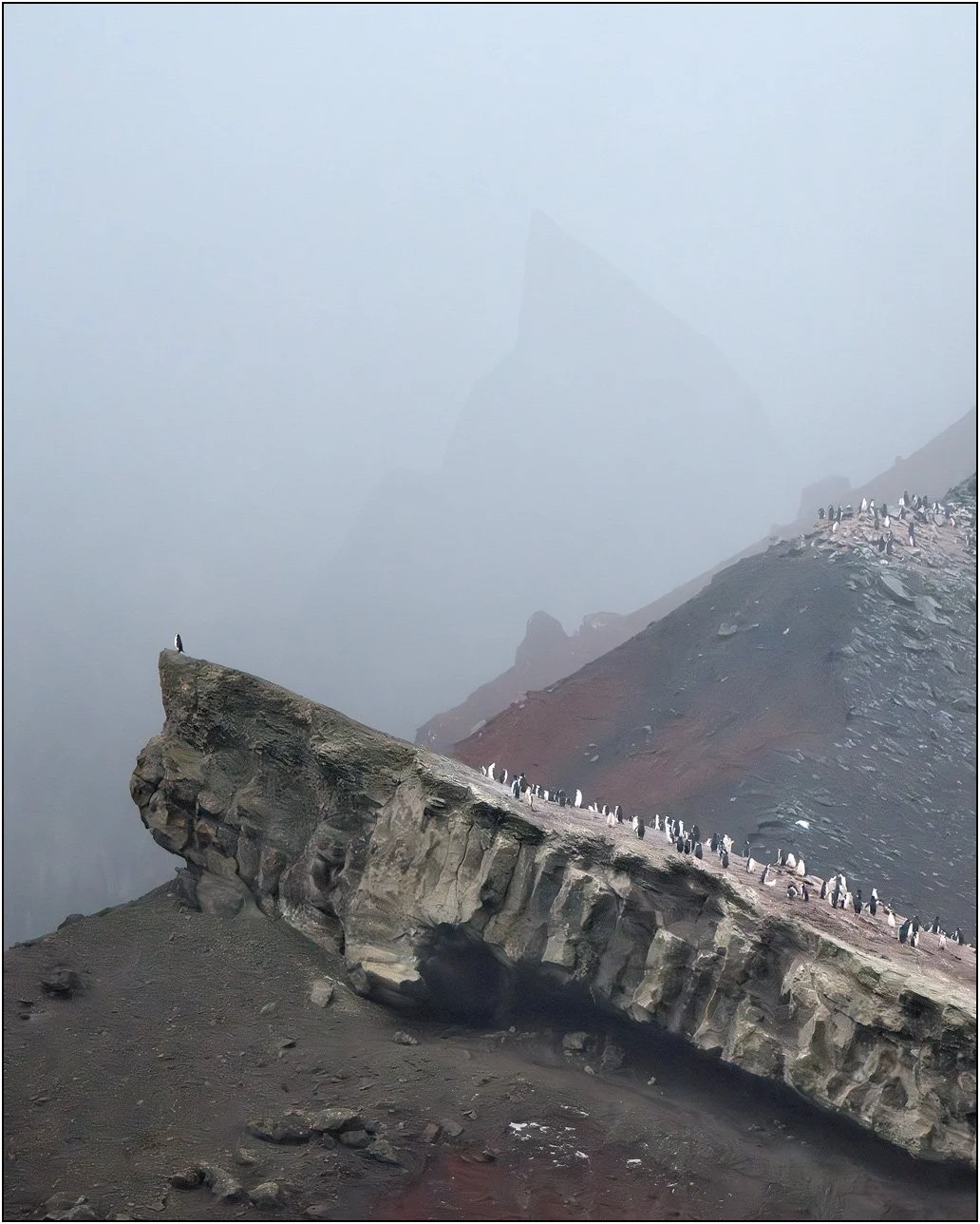 A penguin colony on top of mountain in Antarctica.