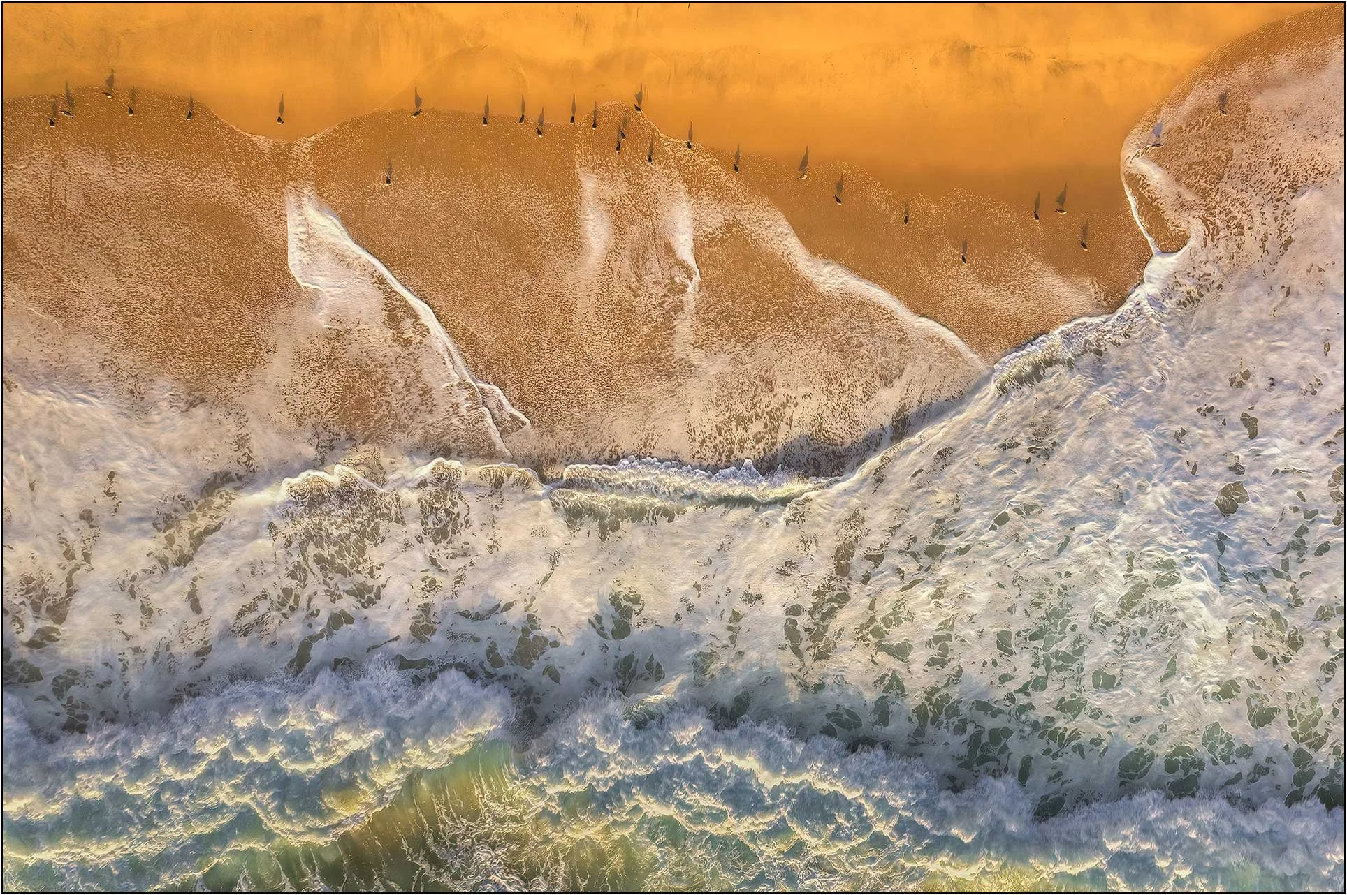 Aerial view of waves breaking onto a sandy coastline with birds scattered along the shore in warm golden light