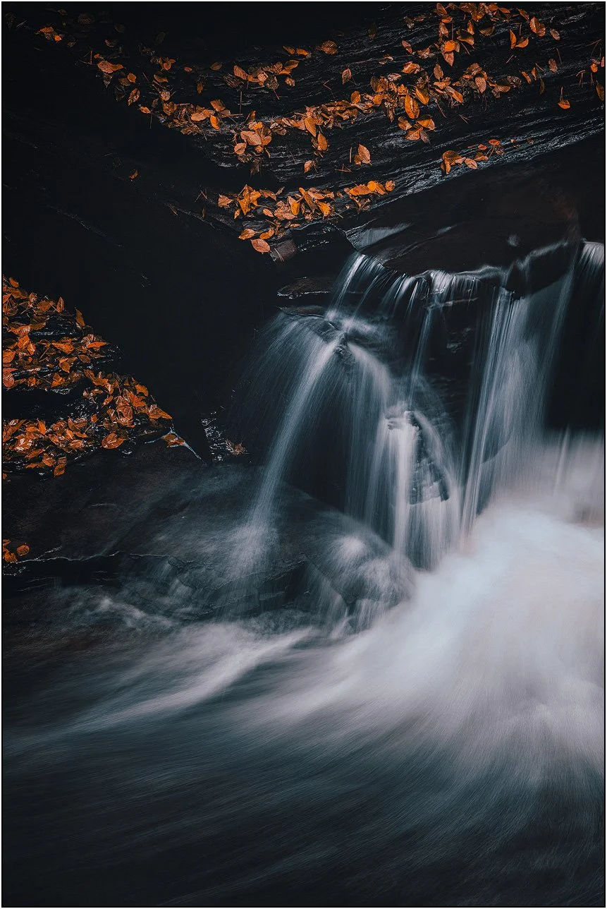 Flowing water over dark rocks scattered with warm-toned autumn leaves