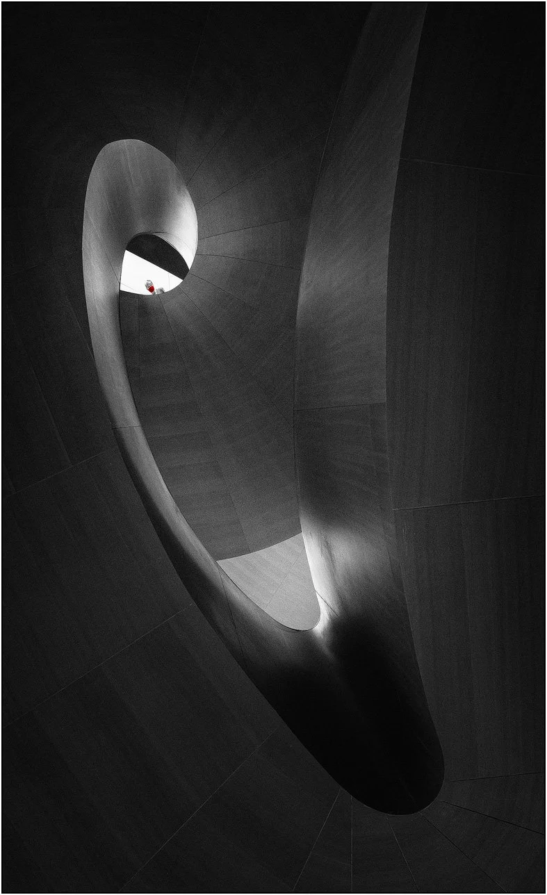 Black and white photograph of staircase in AGO, Toronto.