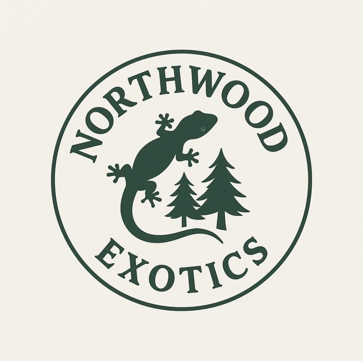 Logo for Northwood Exotics featuring a silhouette of a gecko and two pine trees.