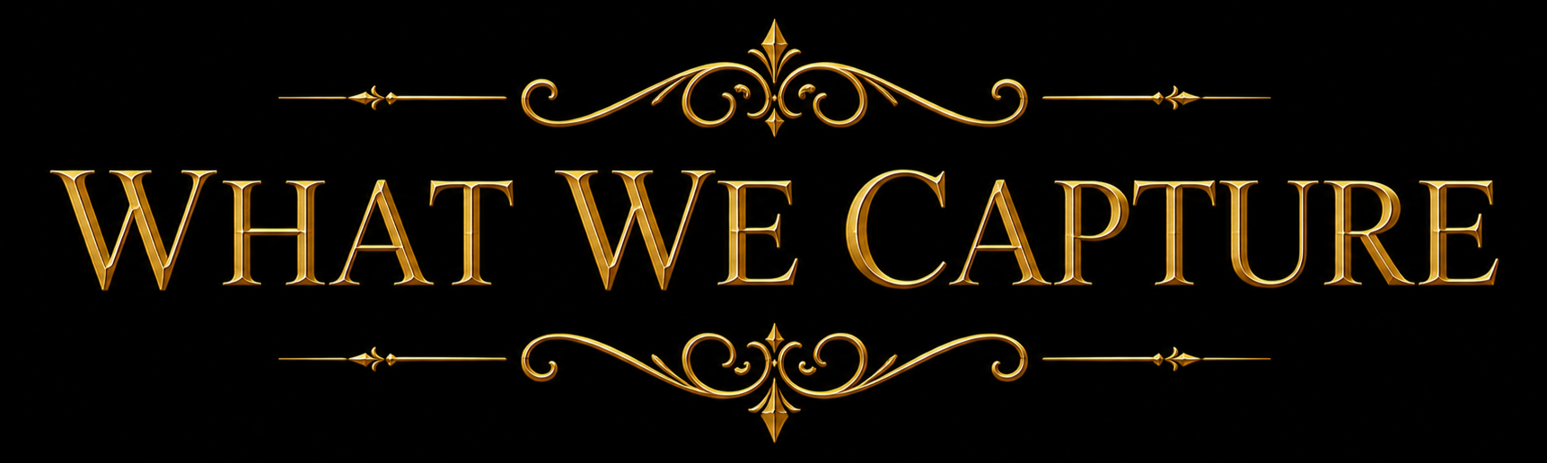 Gold text on black background reading 'What We Capture' with decorative gold flourishes above and below the text.