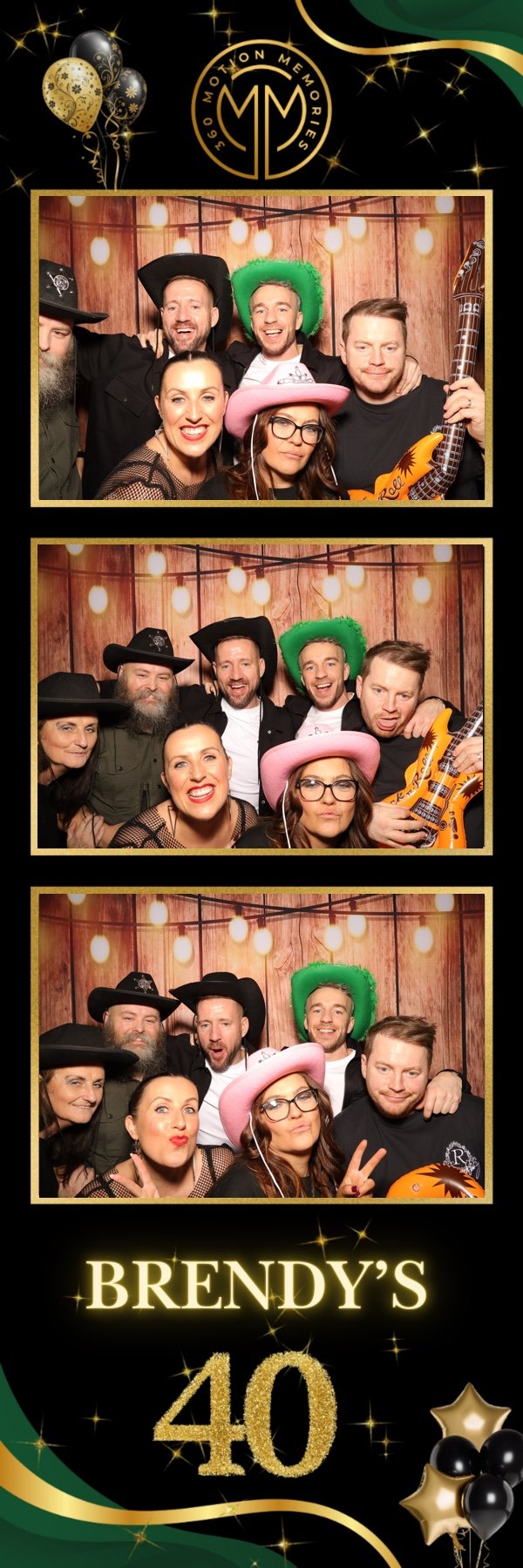Photo booth collage celebrating a 40th birthday with friends wearing costumes and props, set against a wooden background with string lights, with a black and gold party banner at the top and bottom featuring balloons and the text 'Brendy's 40'.