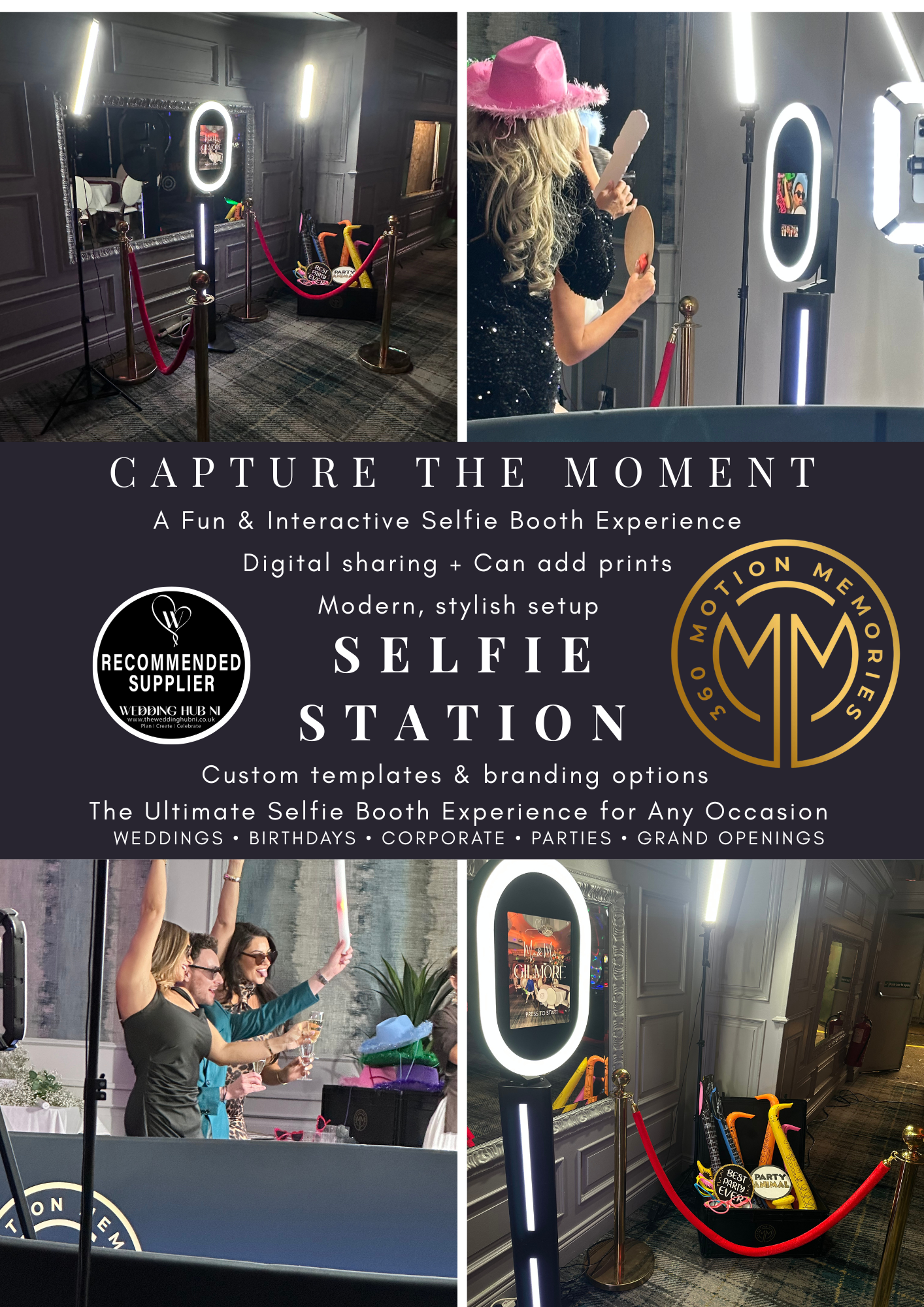 A photo collage of a modern, stylish selfie station at an event, featuring a photo booth with a digital screen, rings lights, and a black backdrop with gold accents. The setup includes red velvet ropes, gold posts, and a basket with colorful props like signs. There are people enjoying and taking selfies in the booth, and the environment appears to be an elegant indoor venue suitable for weddings, parties, or corporate events.