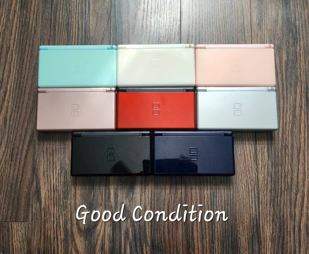 Collection of nine Nintendo DS consoles in various colors arranged on a wooden surface, with the caption 'Good Condition' at the bottom.