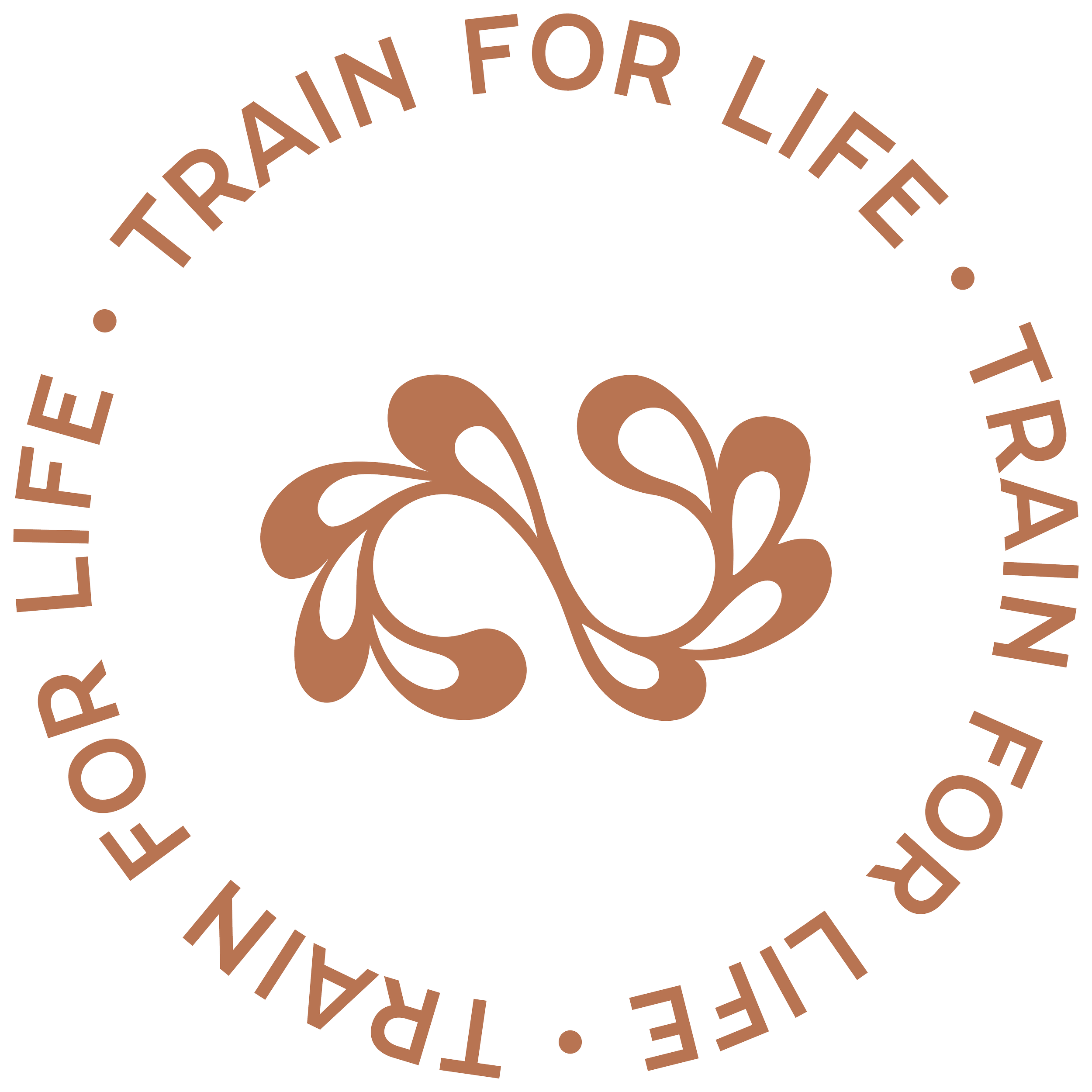 A circular brown floral design with the text 'Train for life' wrapped around it in brown letters.