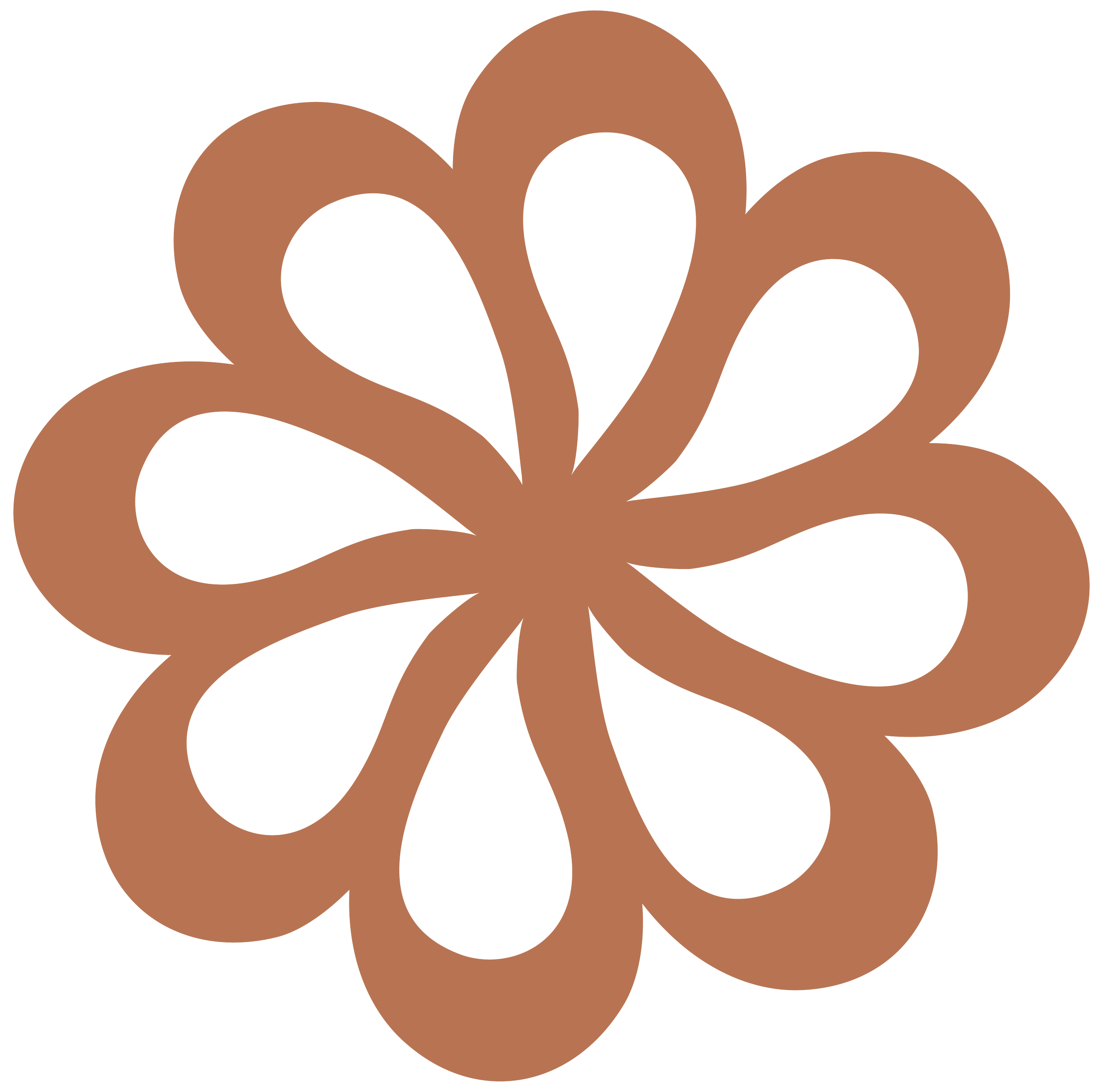Illustration of a stylized brown and black flower with multiple rounded petals.